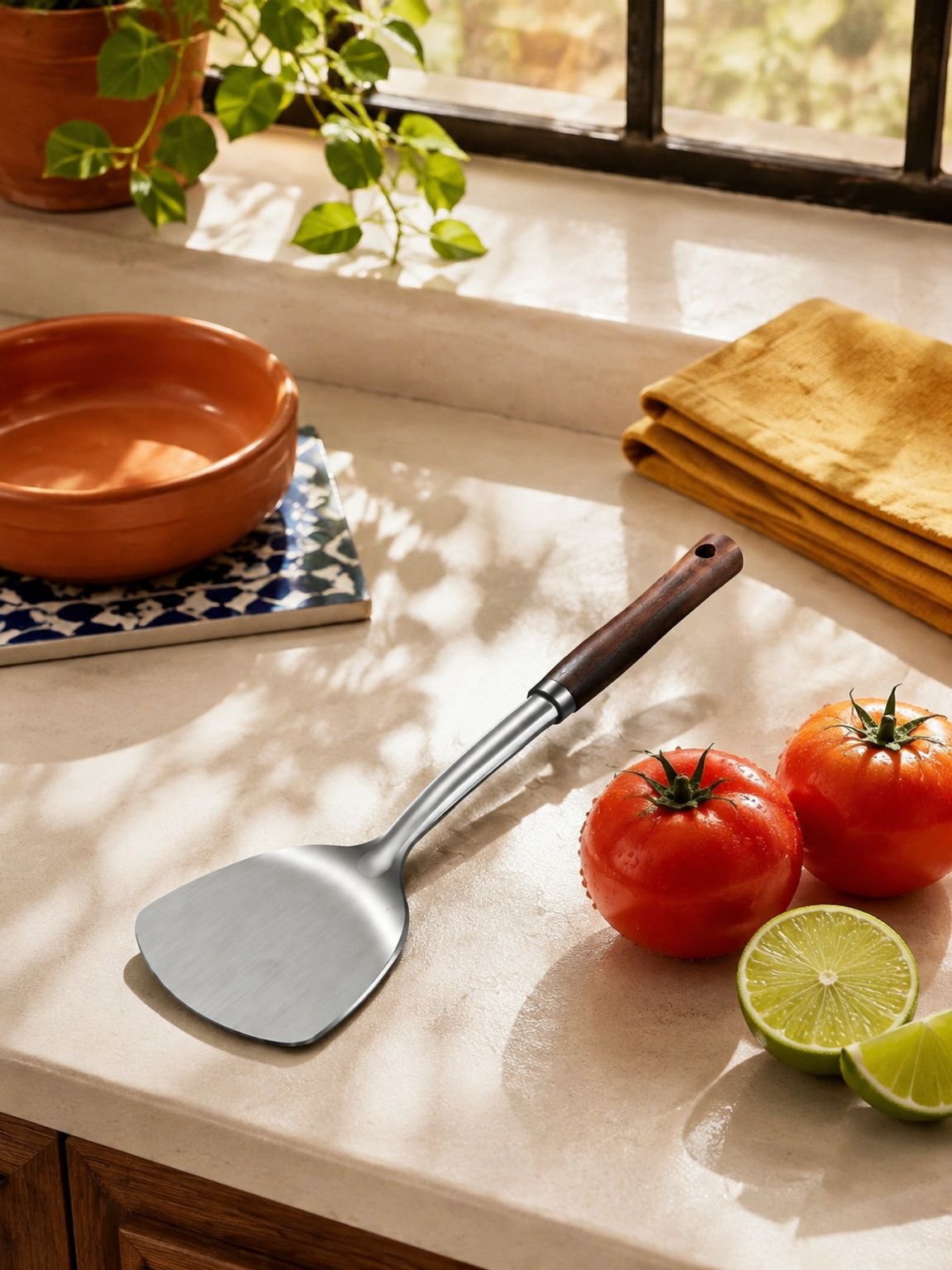 Espátula de acero inoxidable engrosada para cocinar.