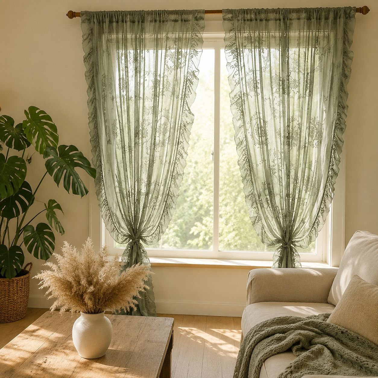 Romantische halbverdunkelnde Spitzen-Gardine mit Rüschen für Landhausstil Wohnzimmer