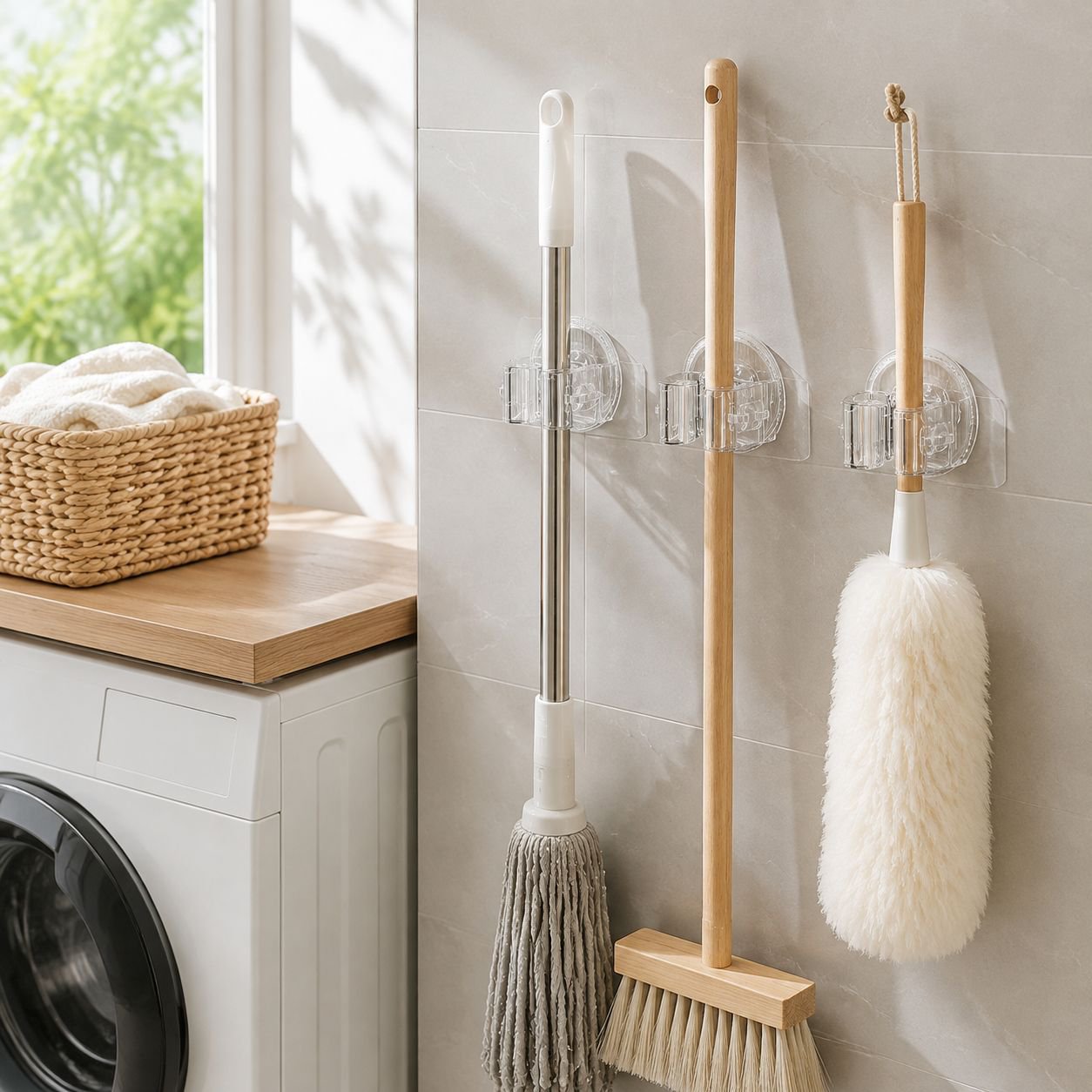 Convenient behind-the-door suction cup mop clip holding a mop