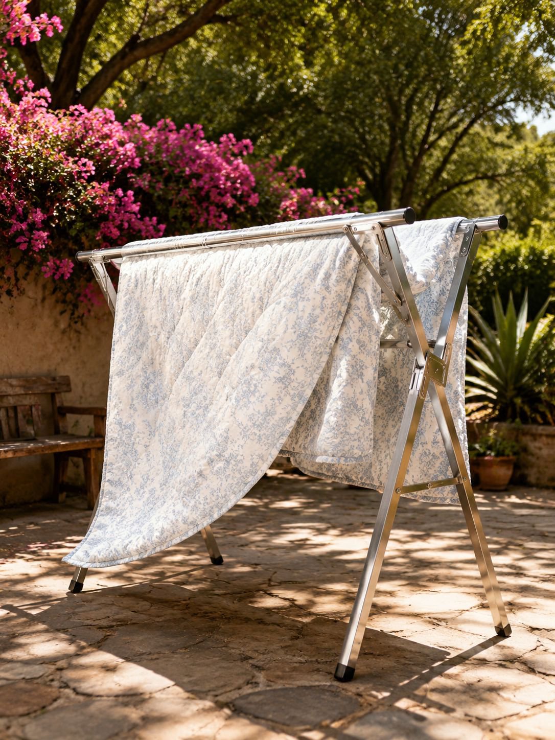 Tendedero plegable de pie, reforzado, para uso doméstico en balcones y exteriores, con barra telescó