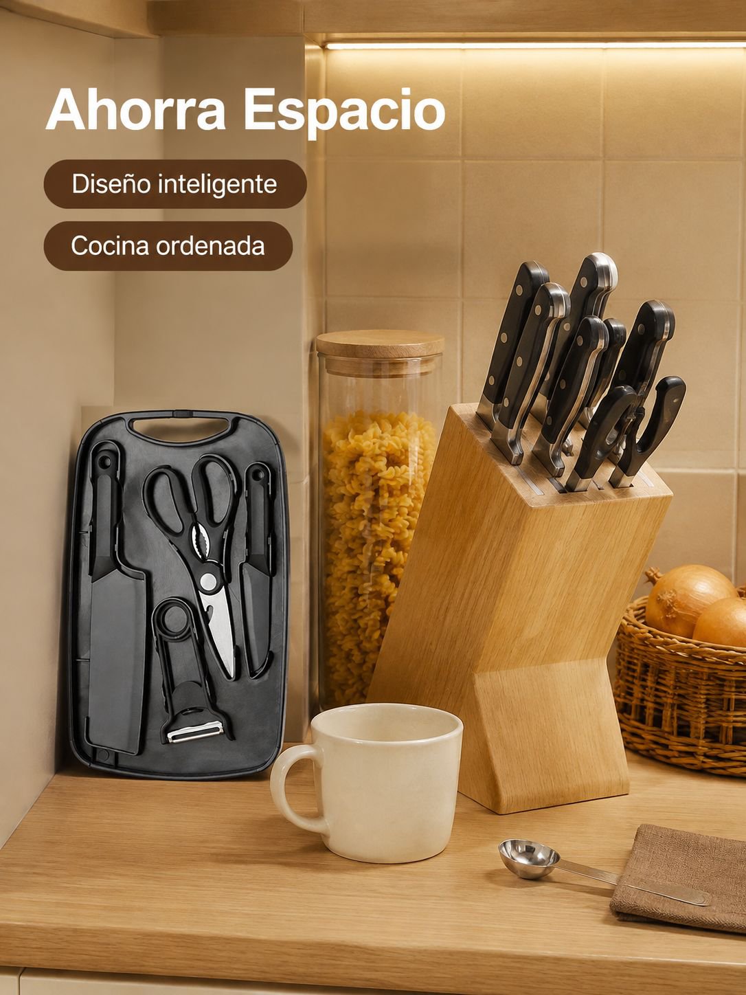 Juego de 5 piezas de cuchillos con tabla de cortar y almacenamiento multifuncional