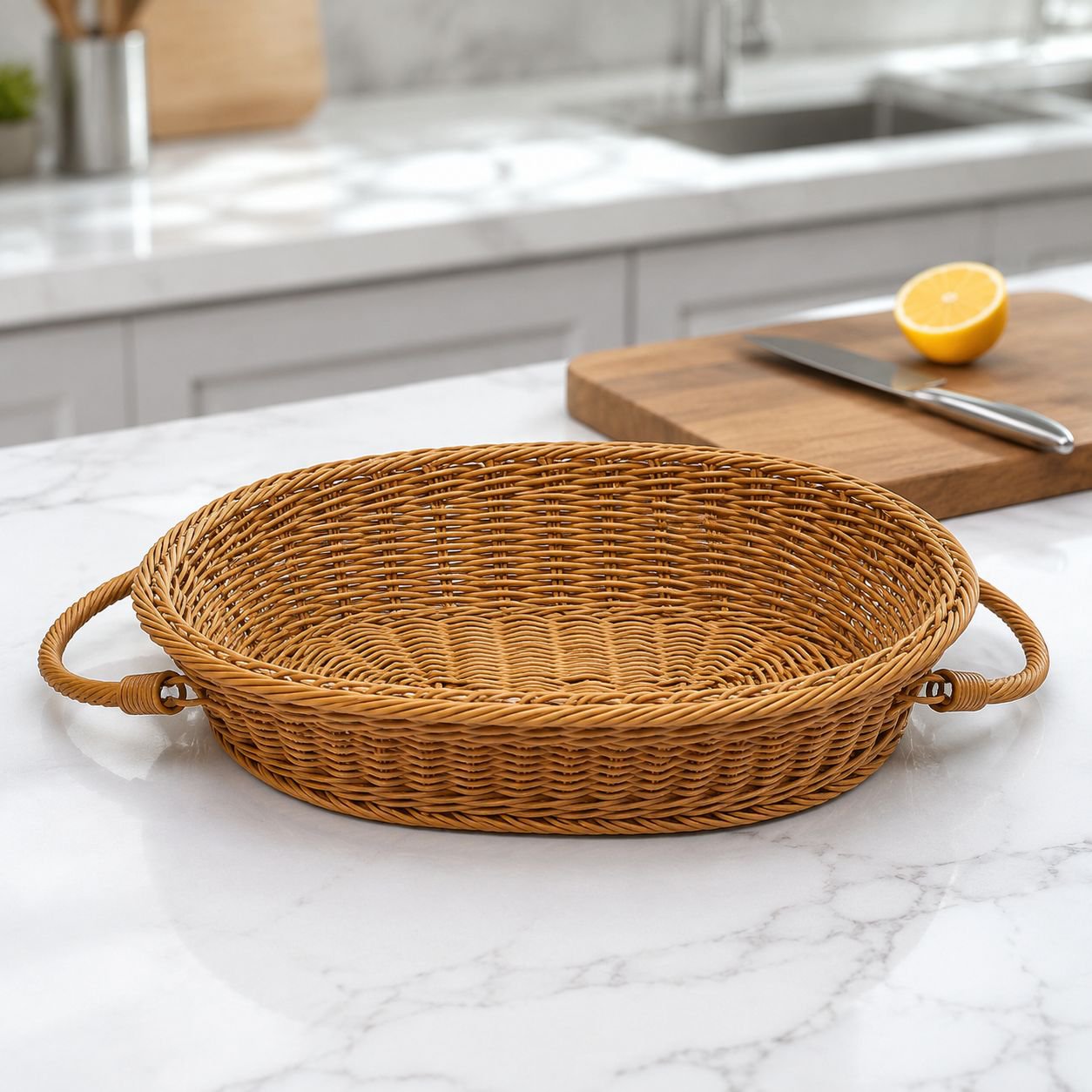 Panier de courses ovale en rotin synthétique tressé à la main, panier à légumes portable