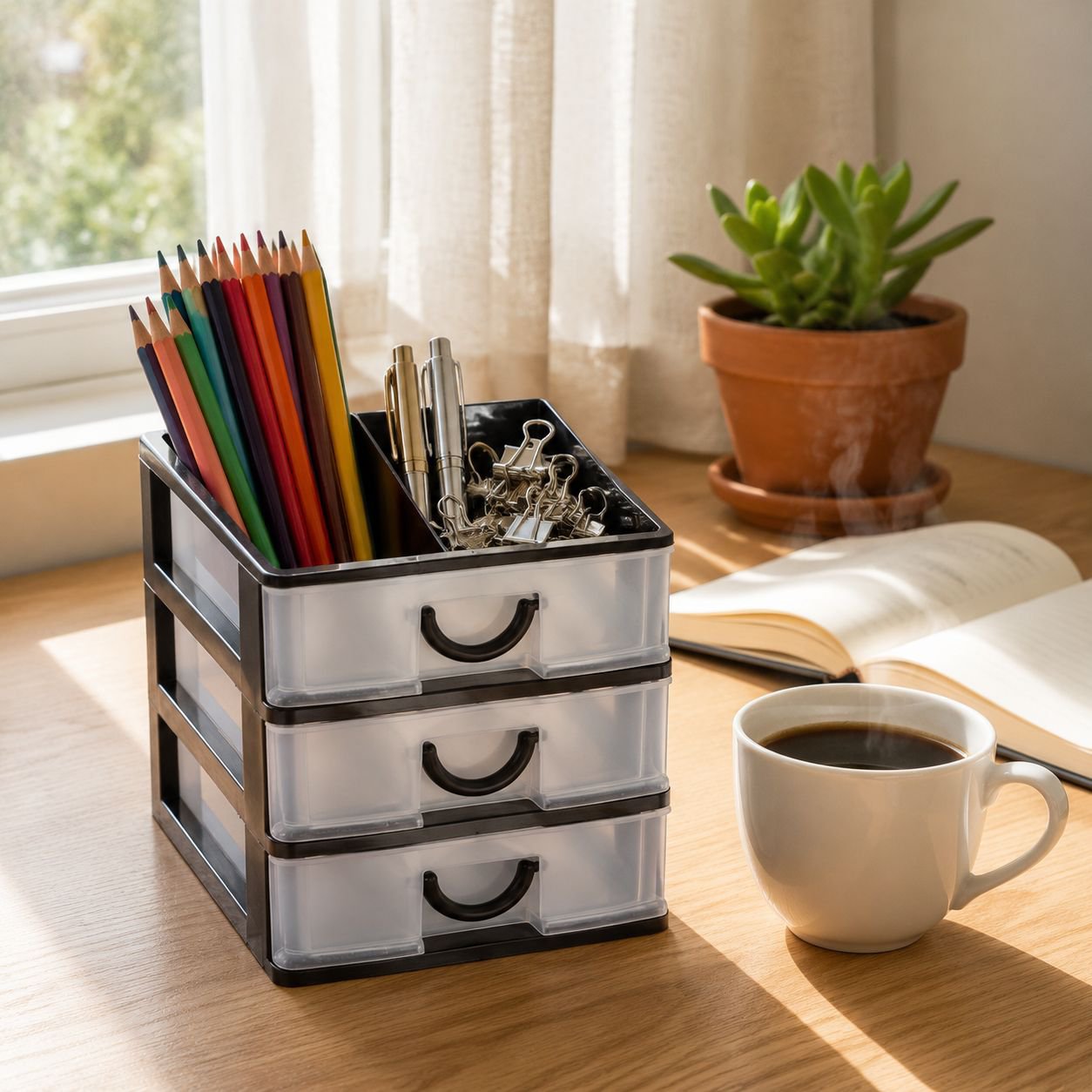 Organizador de papelería pequeño con cajón transparente en escritorio