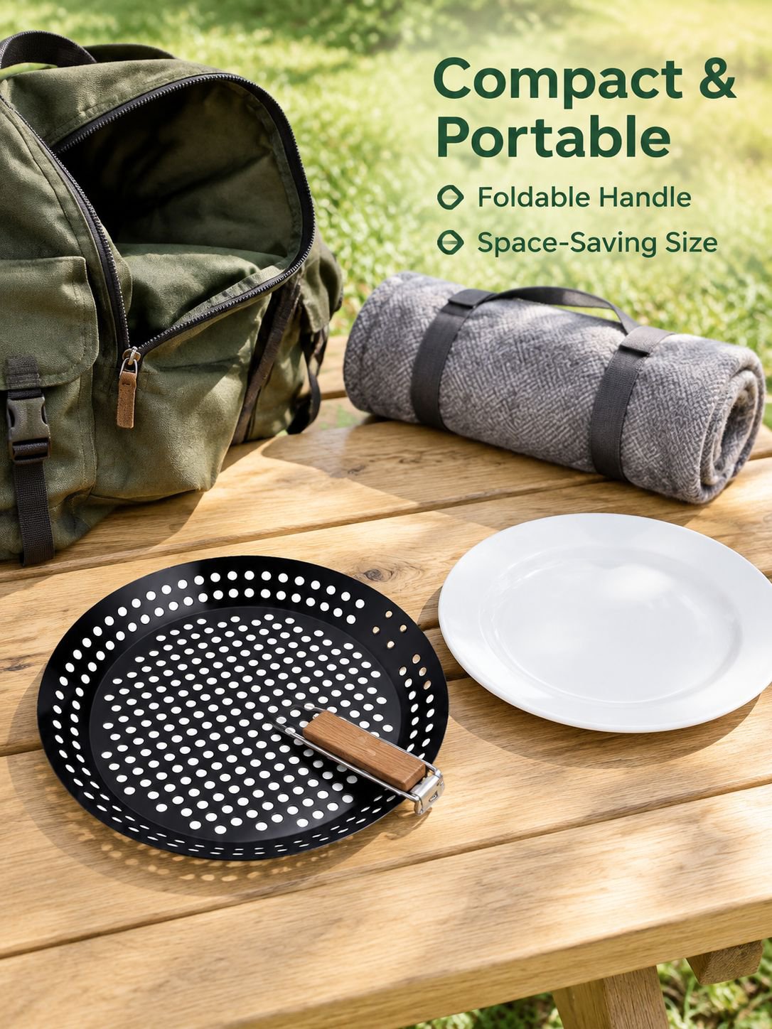 Portable hollow folding handle barbecue plate