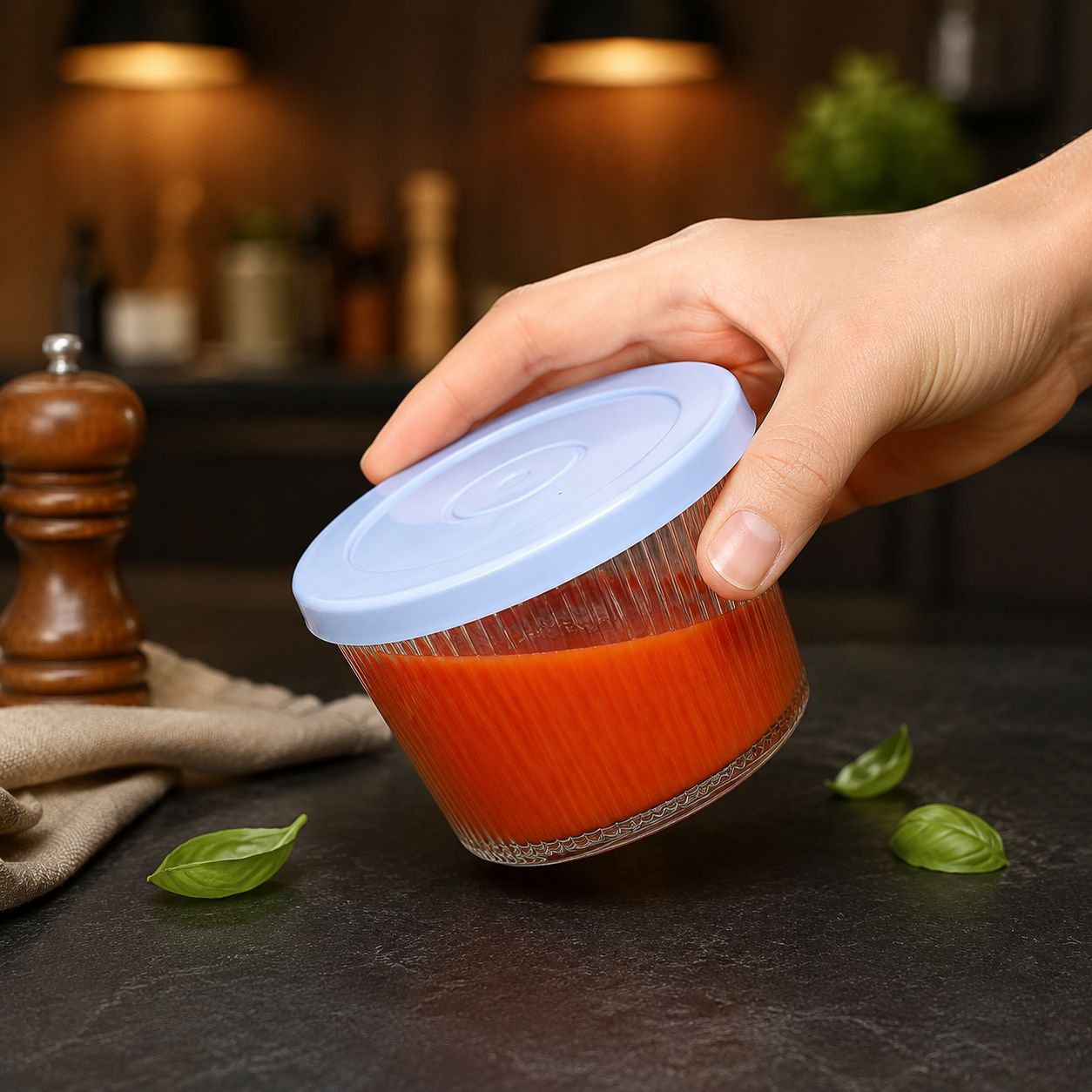 Lidded Vertical Stripe Round Glass Food Container for Household Refrigerator