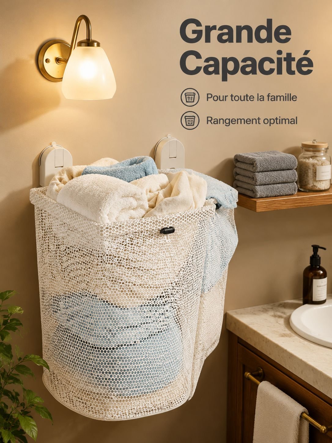 Panier à linge mural sans perçage, ventouse double, pliable, rangement salle de bain