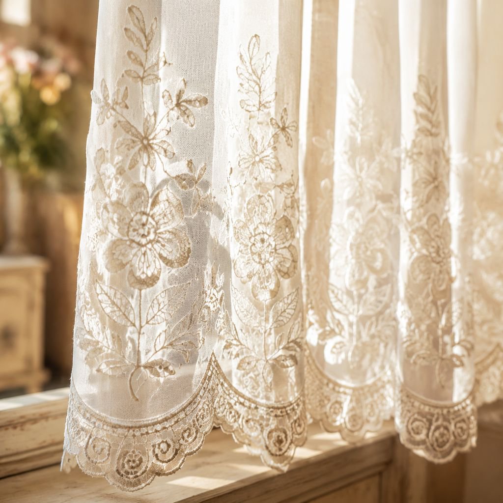 Embroidered Lace Floral Edge Coffee Short Half Curtain