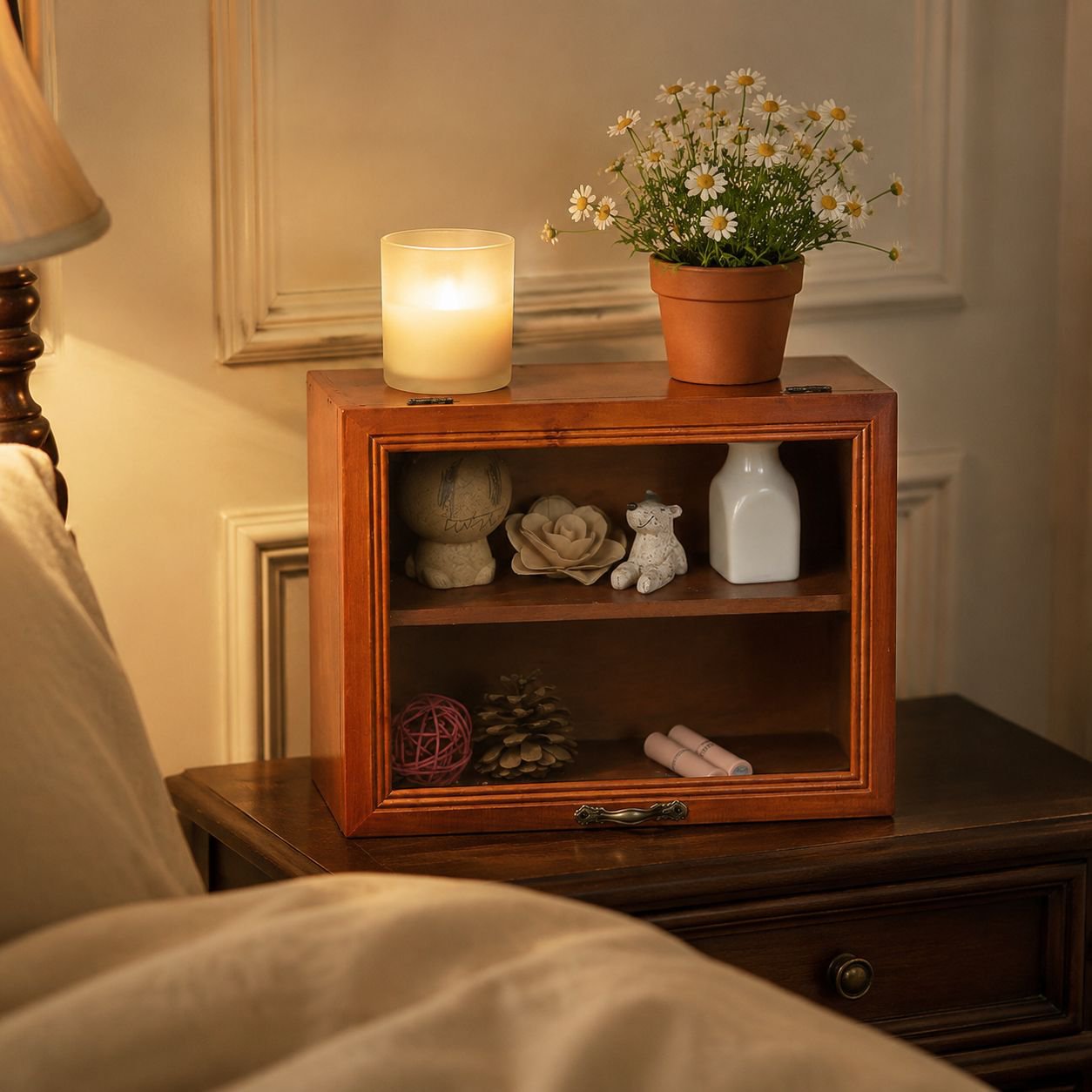 Two-level wooden cosmetics organizer for beauty products