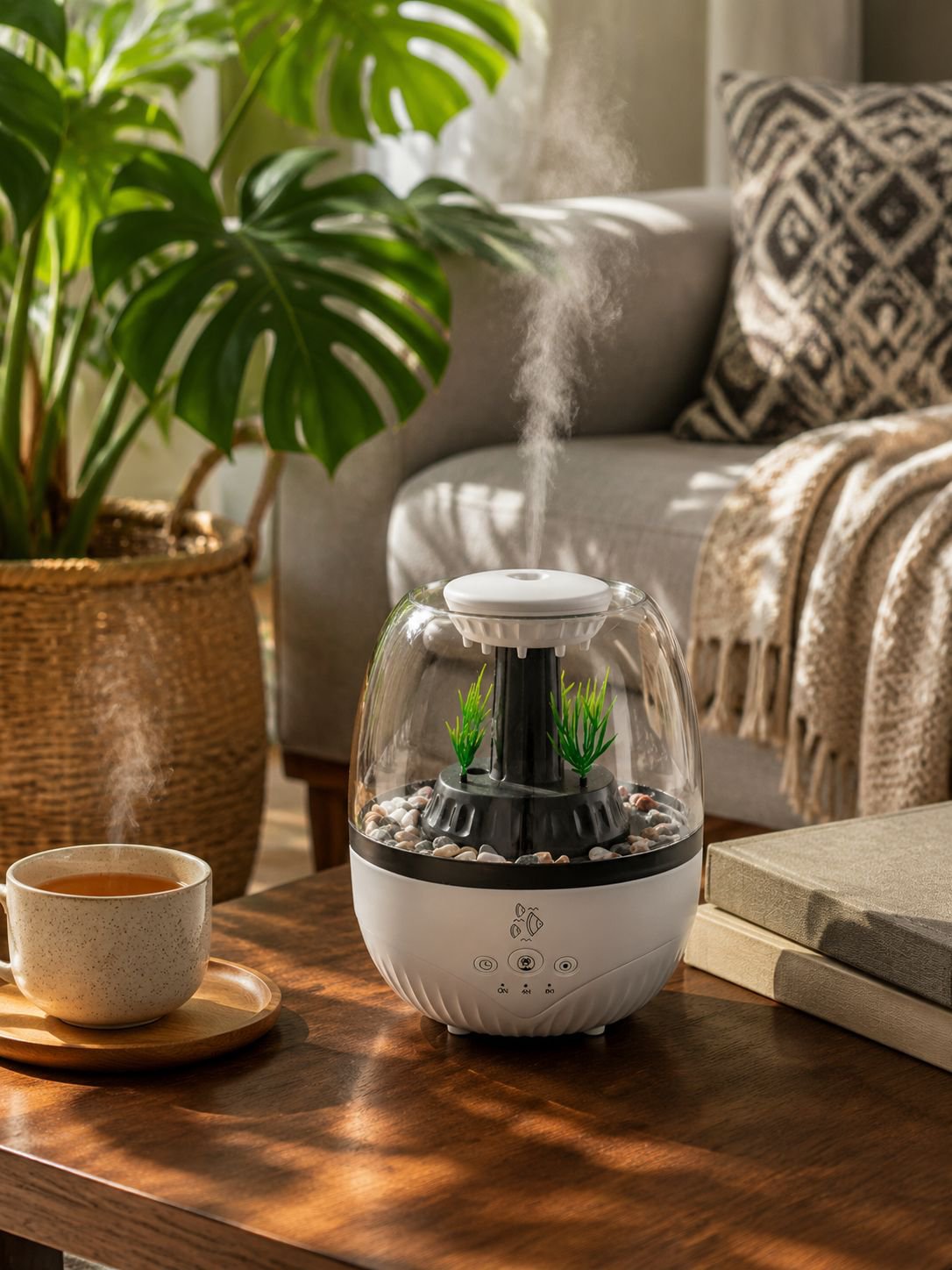 Modern fish tank style humidifier with timer function in a bedroom