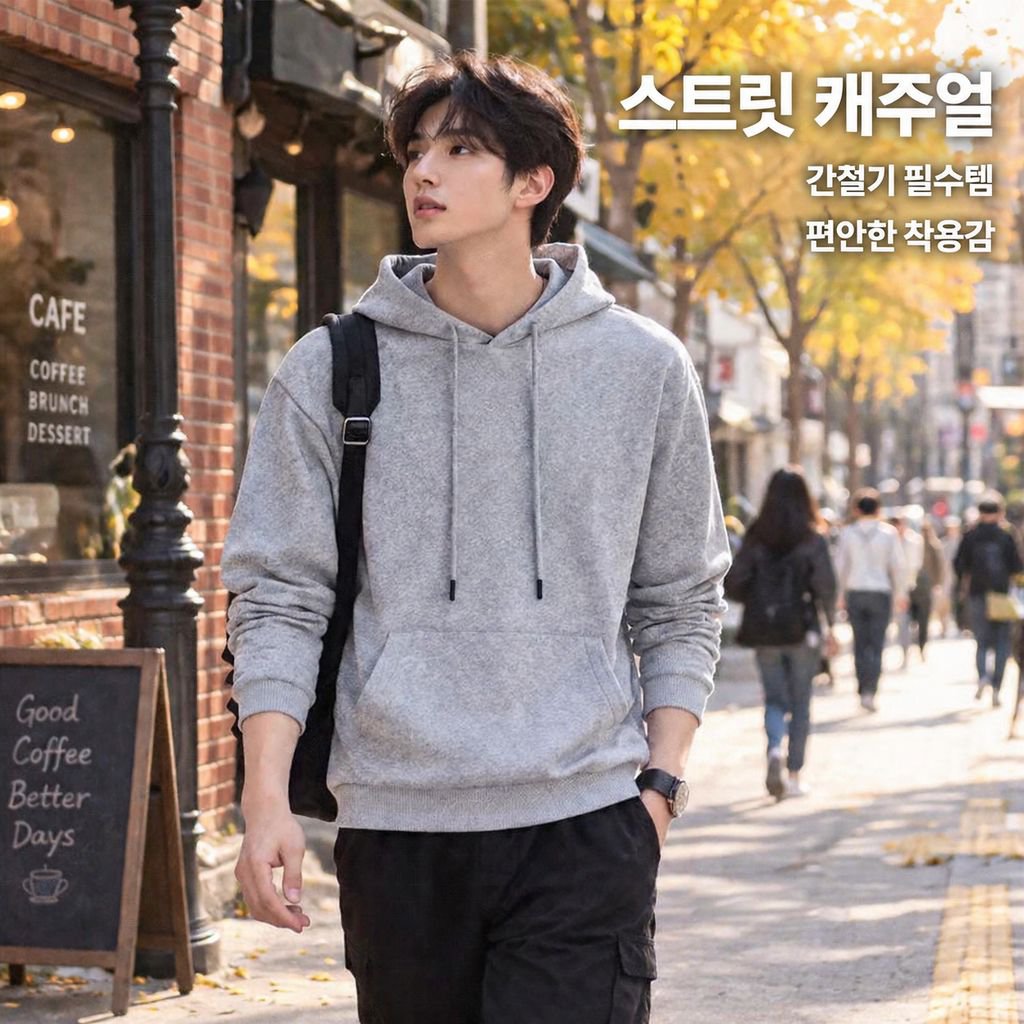 남성용 솔리드 컬러 루즈핏 캐주얼 트렌디 카라 후드 상의