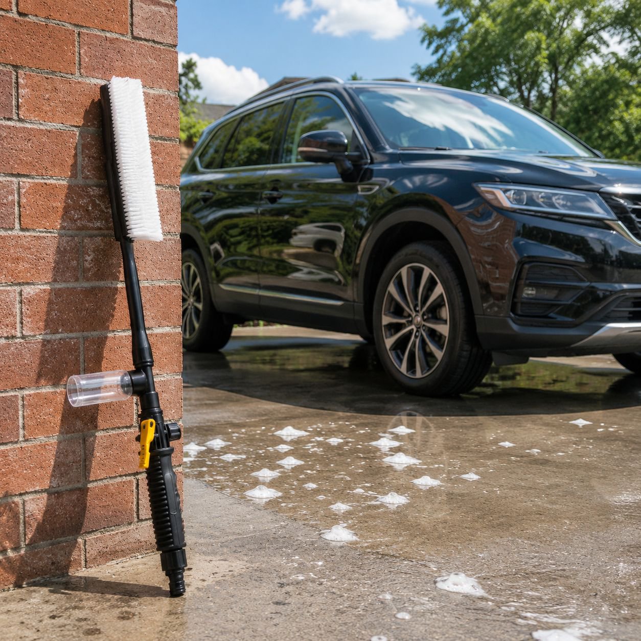 Car cleaning brush with integrated foam dispenser