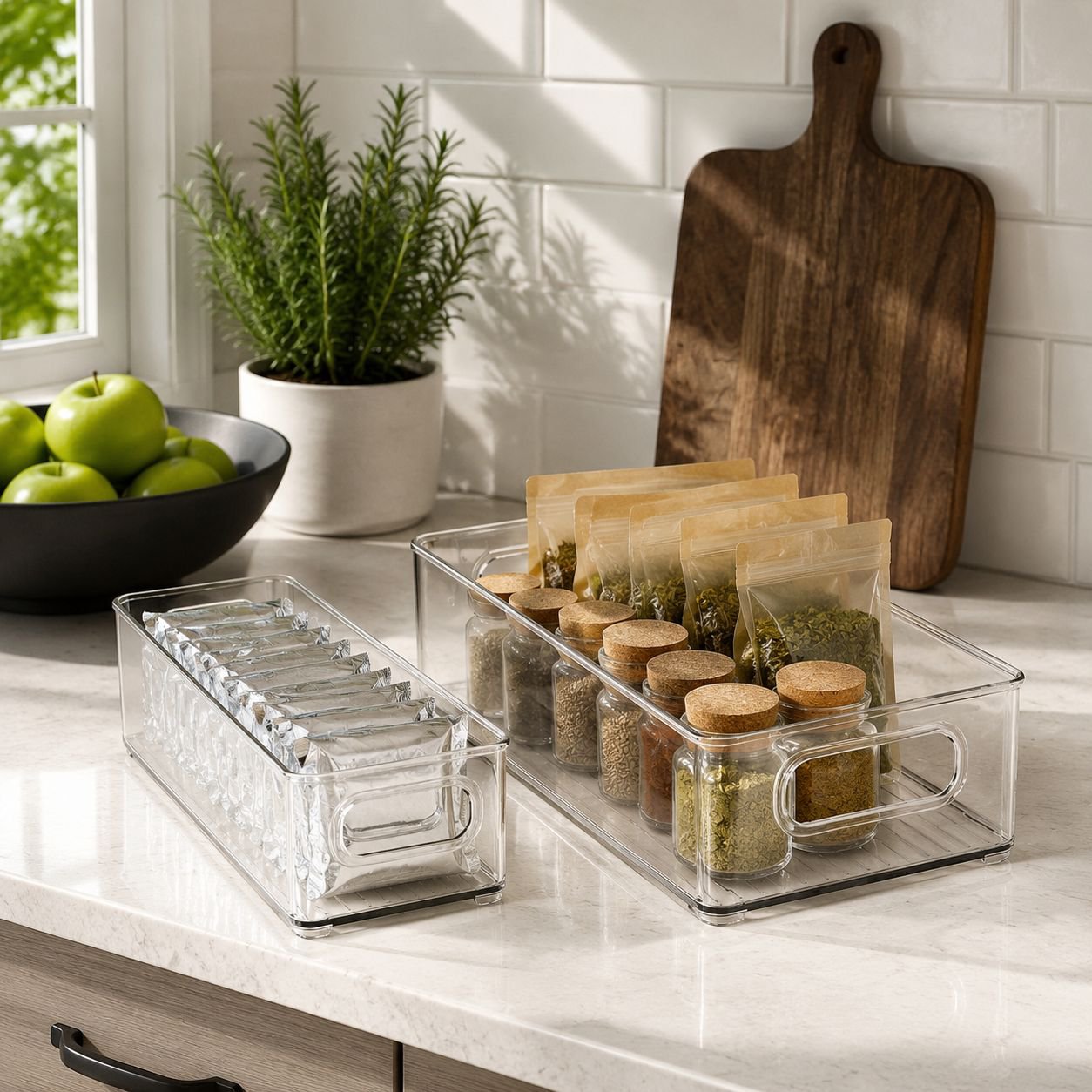 Transparent acrylic organizer bin holding fresh fruits and vegetables