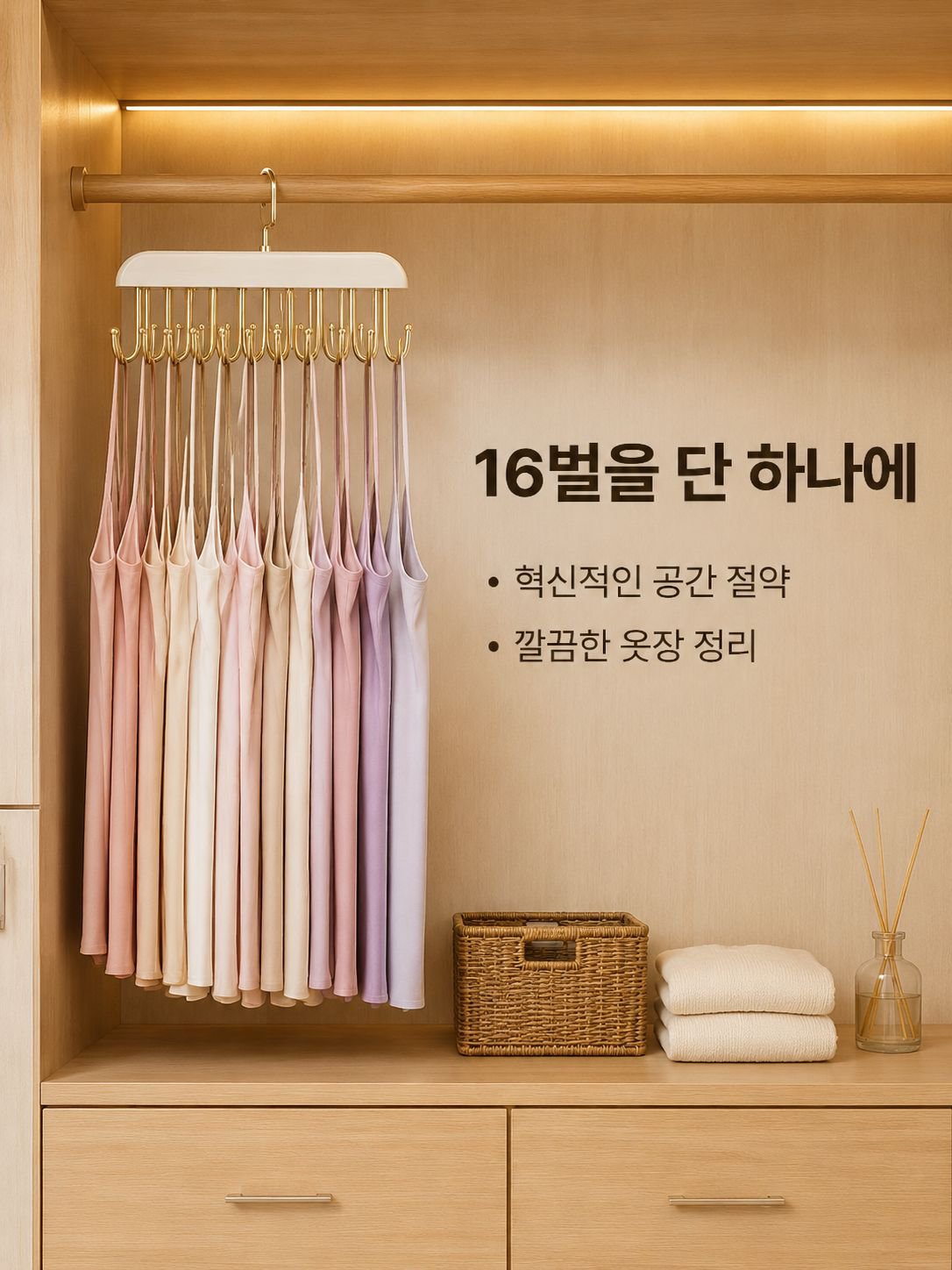 8개의 고리가 달린 원목 옷걸이