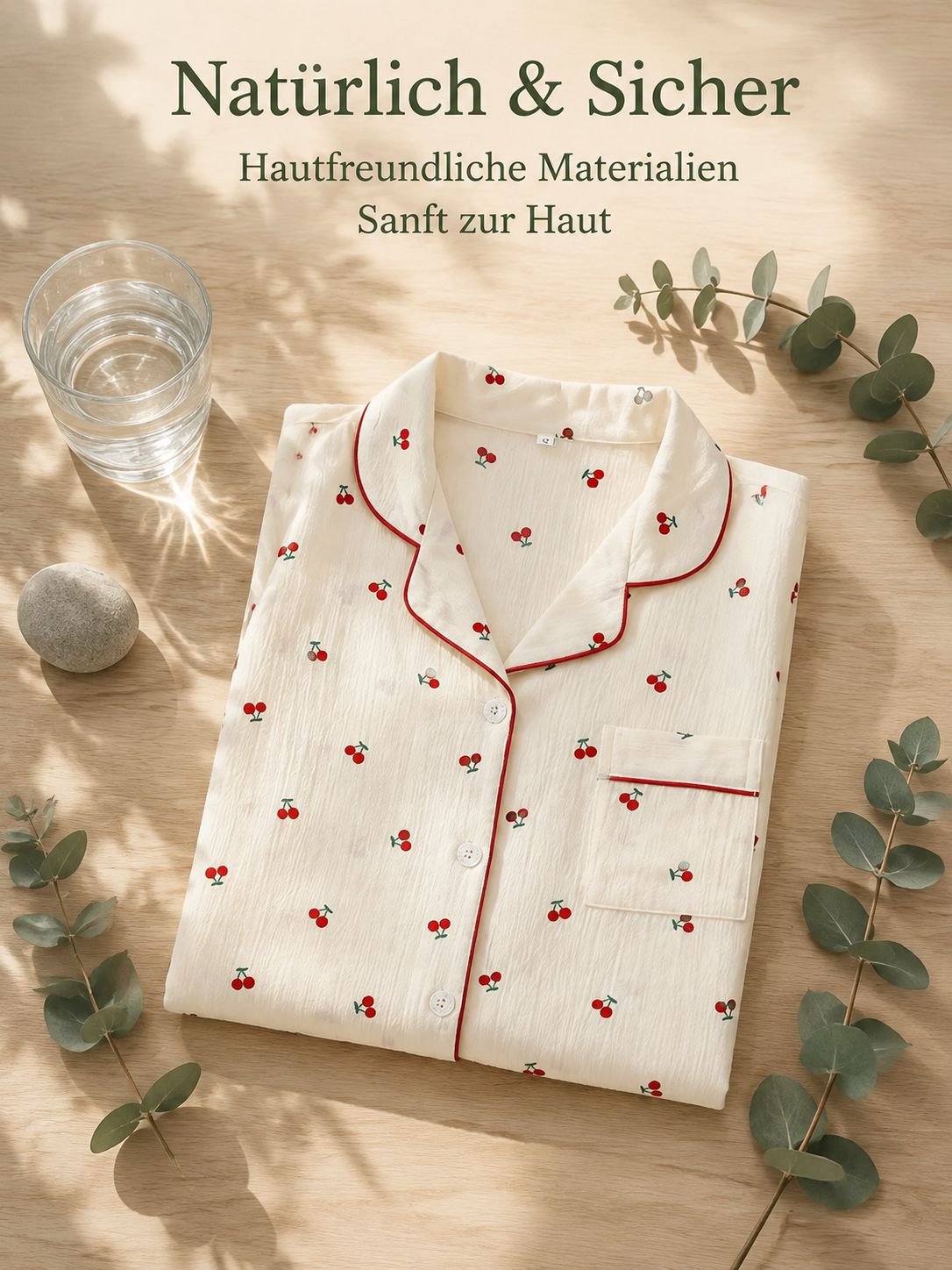 Damen Pyjama Set mit Blusenjacke, Bubble-Crinkle-Stoff, Kurzarm und Shorts, bedruckt