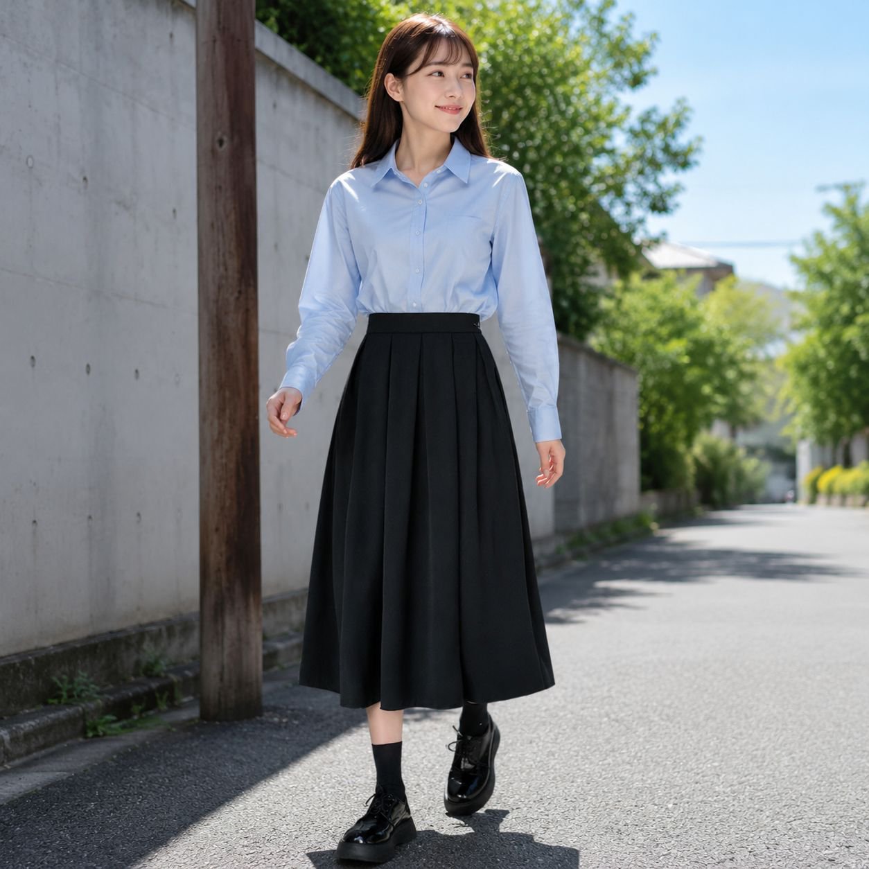 夏・ハイウエスト 小柄さん向けプリーツAラインスカート 黒 ミディ丈