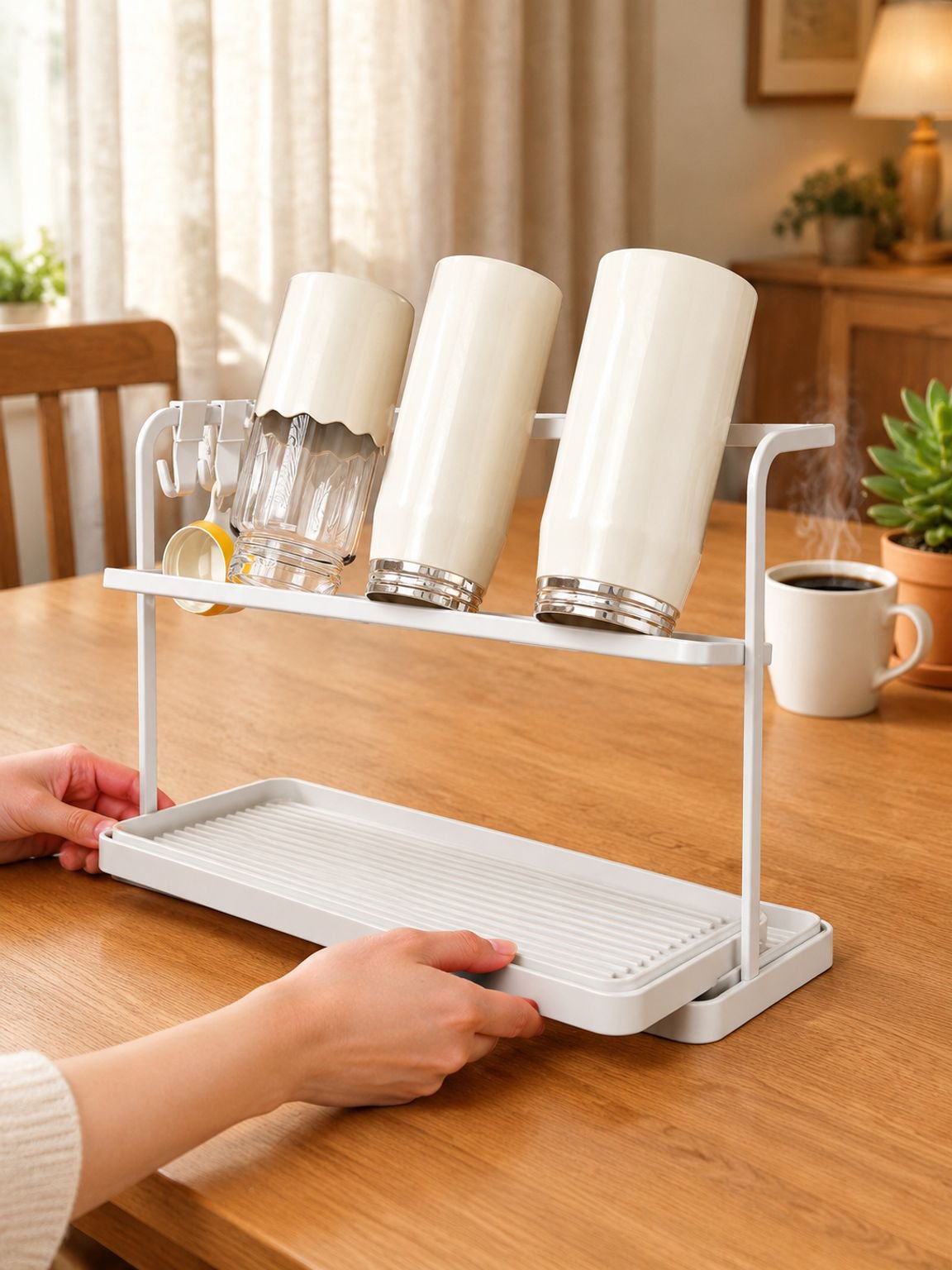 Compact double-layer kitchen rack for upside-down cup drying