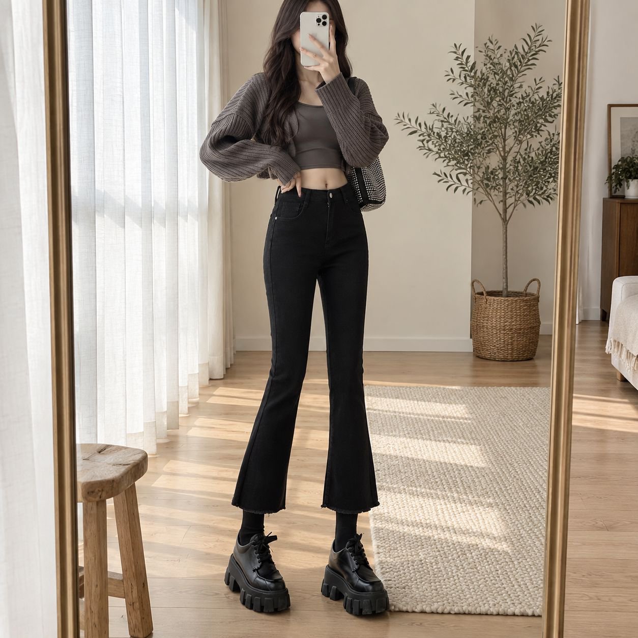 秋の女性用の黒のわずかにフレアのイミテーションジーンズ、小柄な人向けの韓国バージョン、ハイウエスト、スリムな89ポイント、多用途のカジュアルベルボトムパンツ