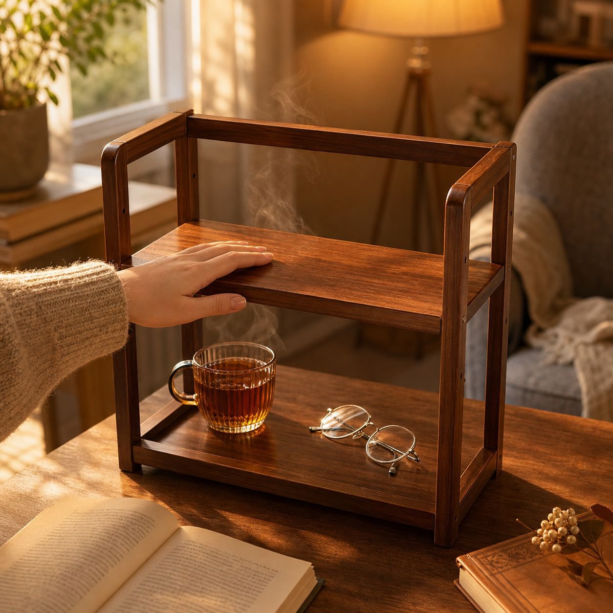 Adjustable wooden desktop shelf with office supplies