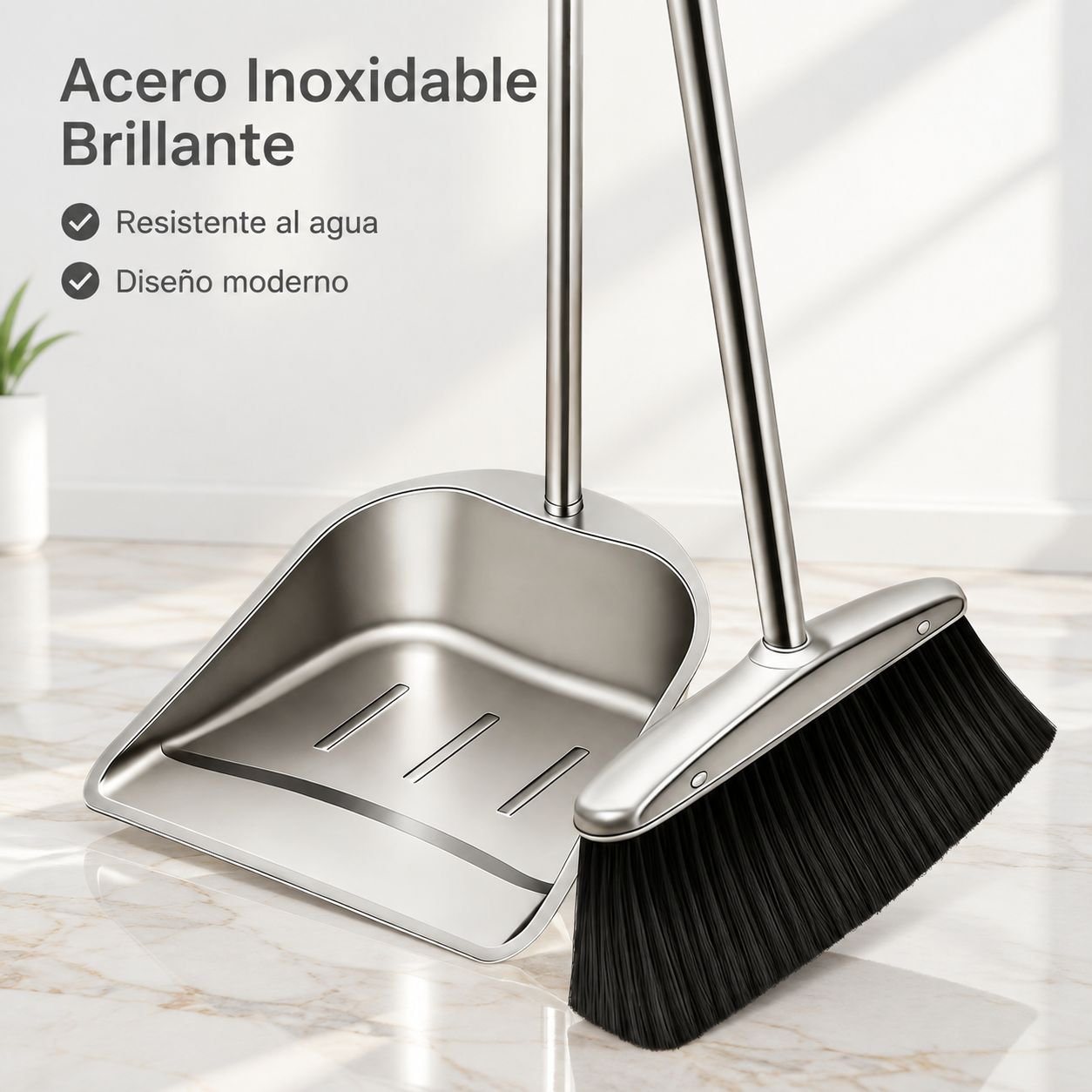Juego de recogedor y escoba de acero inoxidable con cerdas suaves