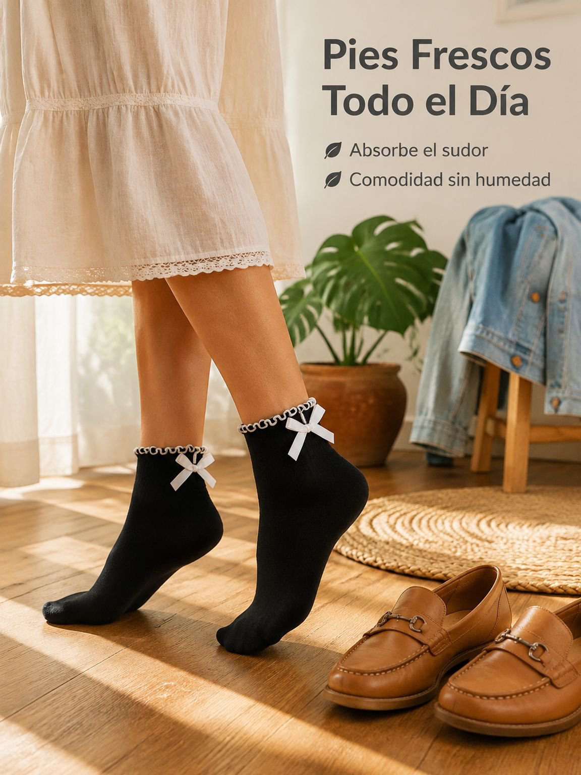 Calcetas finas de verano para mujer con volantes y moño, perfectas para zapatos tipo mocasín