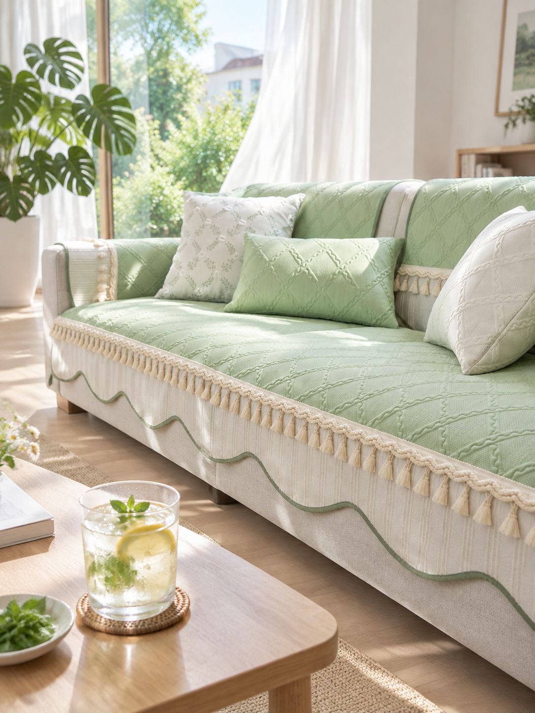Hochwertiger rutschfester Sofabezug Überwurf auf modernem Sofa