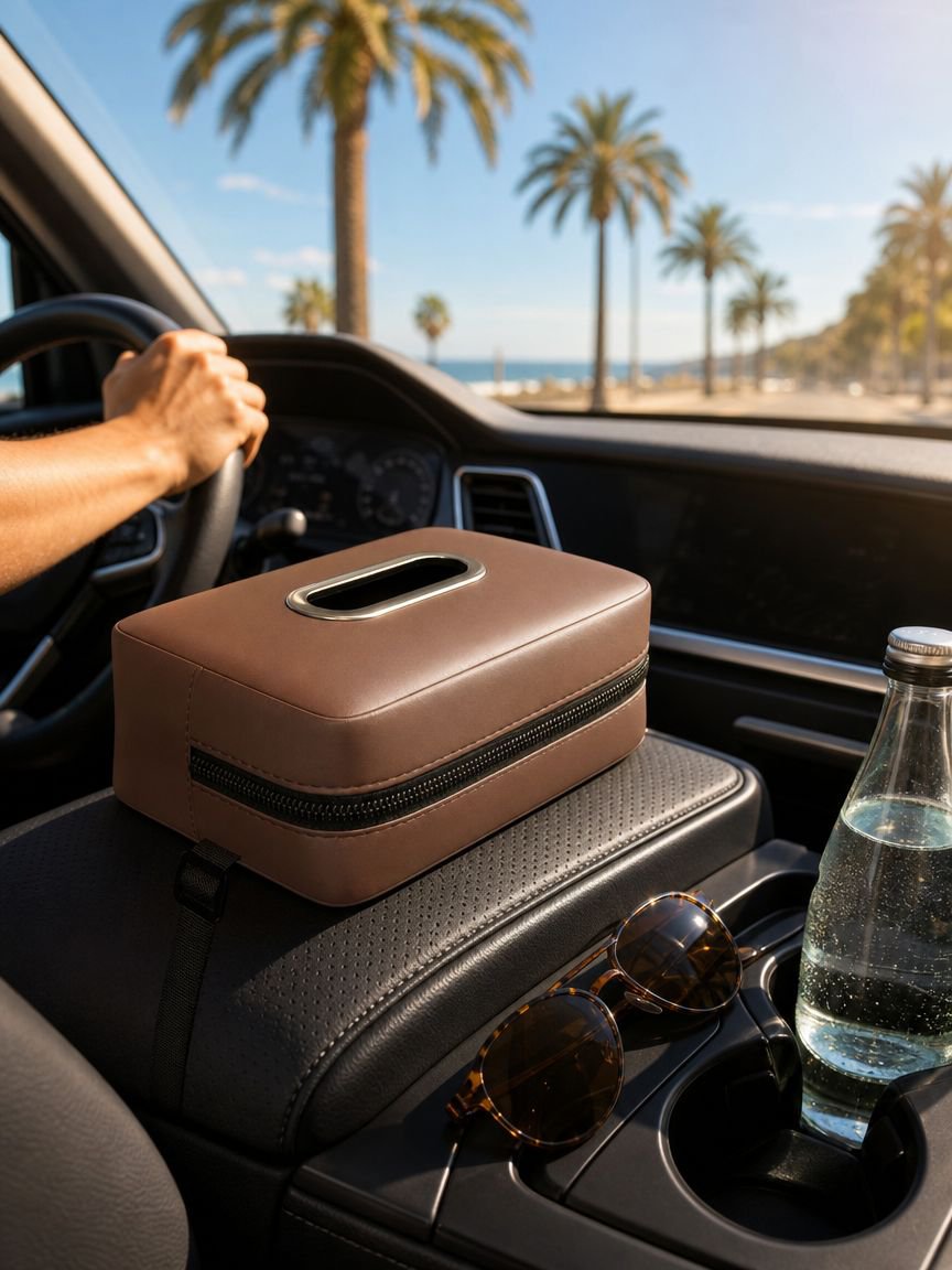 Caja de pañuelos para coche instalada en el reposabrazos