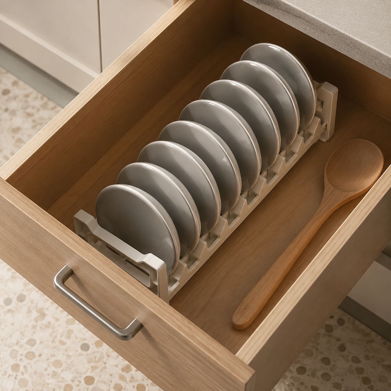 Kitchen organizer box holding plates and chopsticks