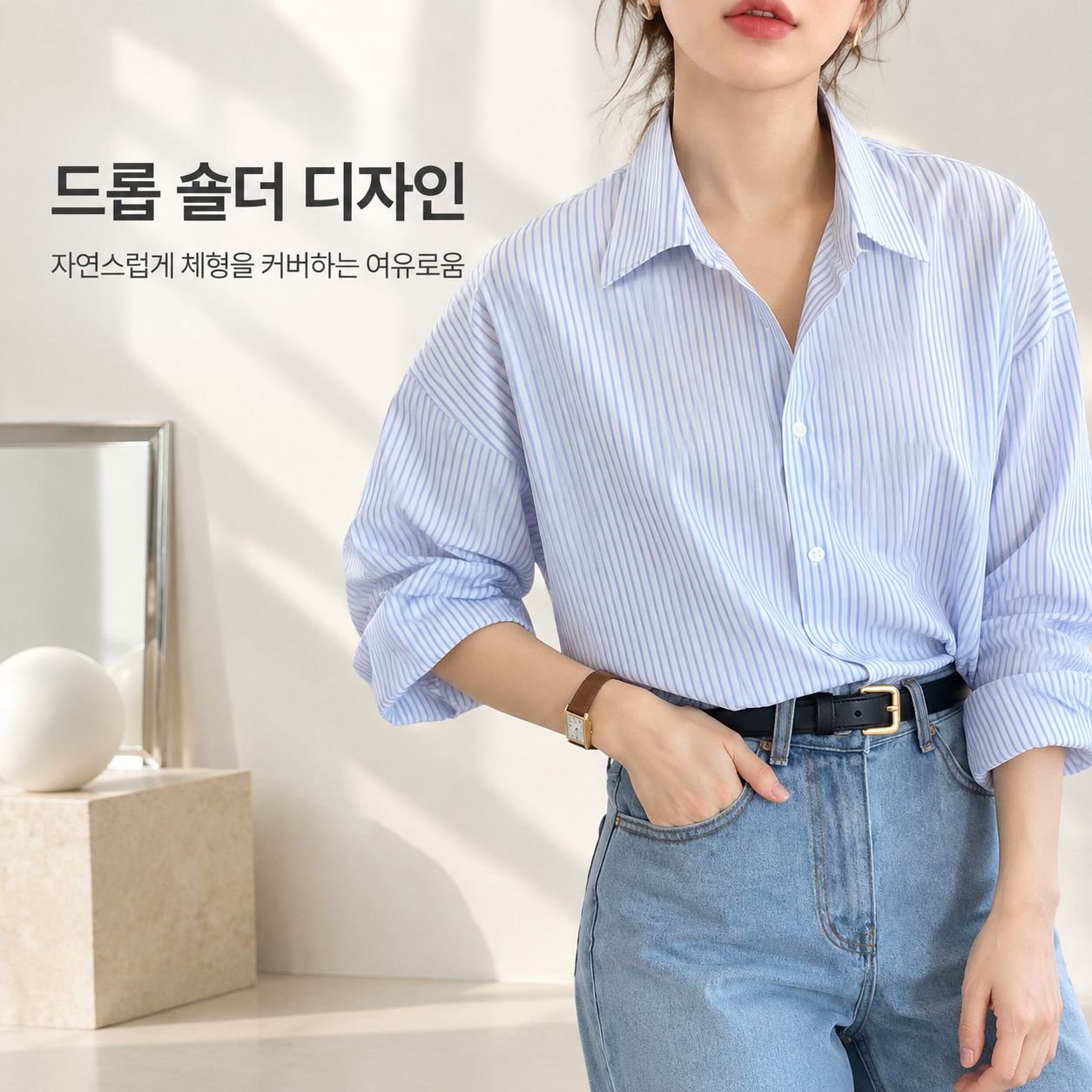 스타일리시한 루즈핏 스트라이프 상의 여성 롱 스타일 한국 디자인 셔츠