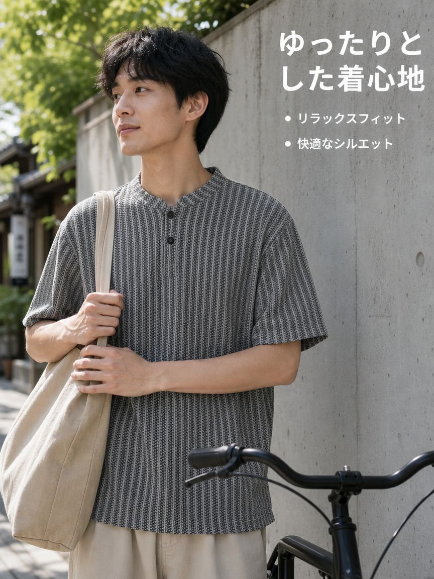夏用メンズゆったりフィット魚骨柄ヘンリーネック半袖Tシャツ