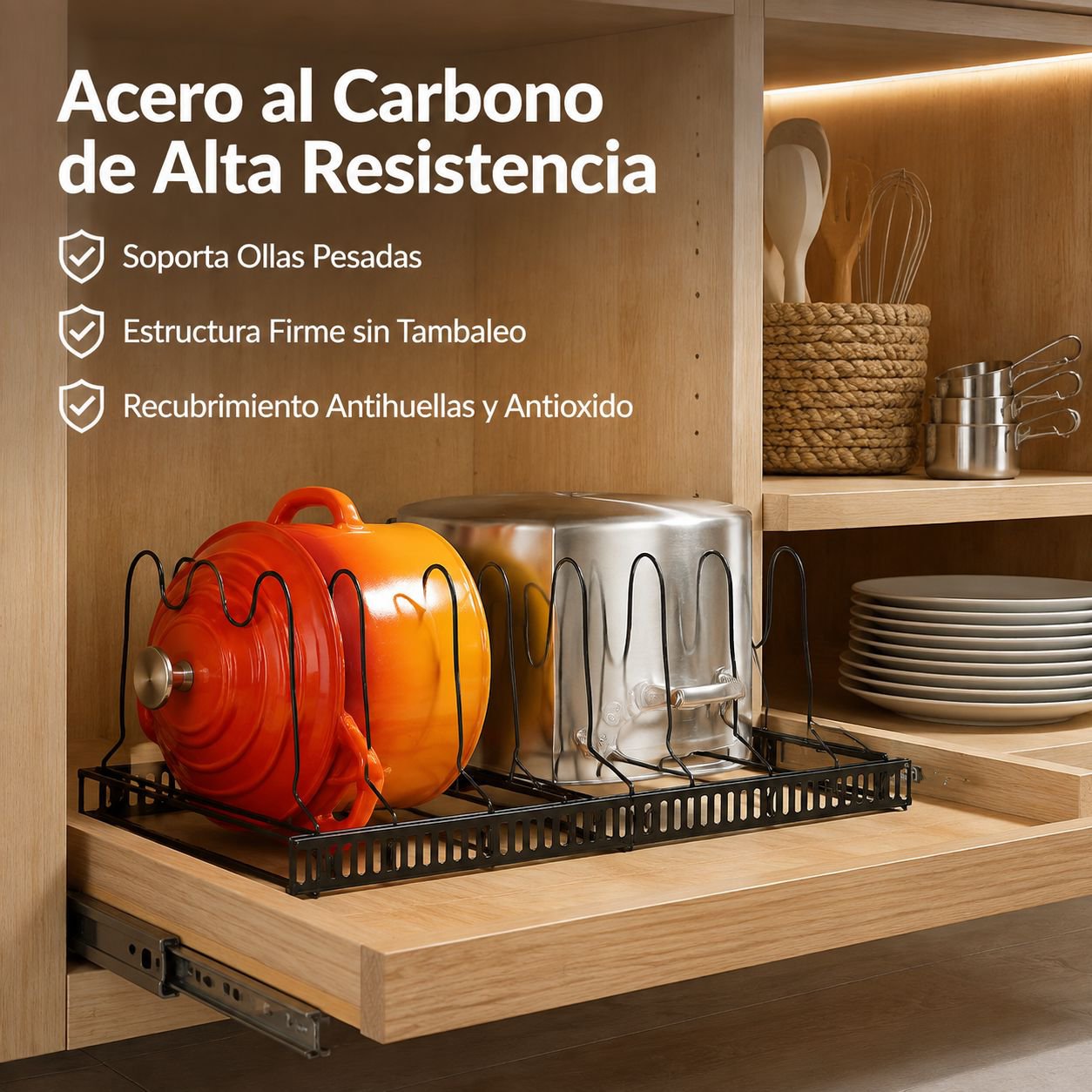 Estante organizador ajustable para sartenes y tapas, multifuncional