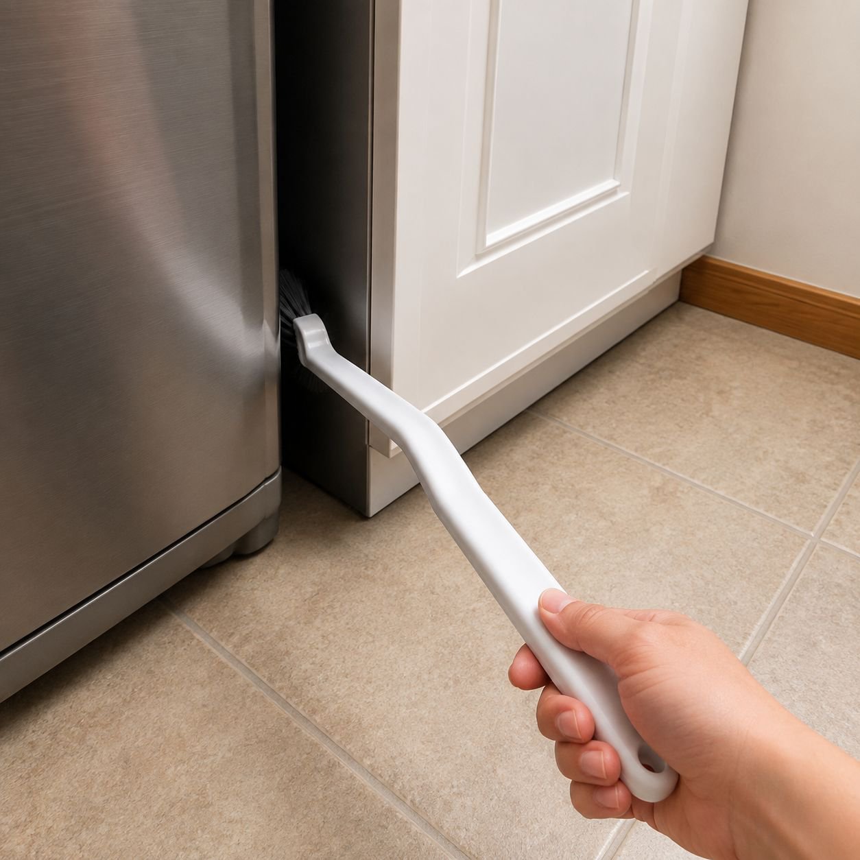 Close-up of brush bristles removing grime from tile