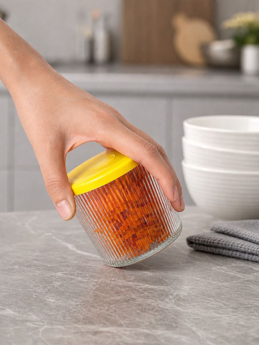 Close-up of lid on glass food storage container