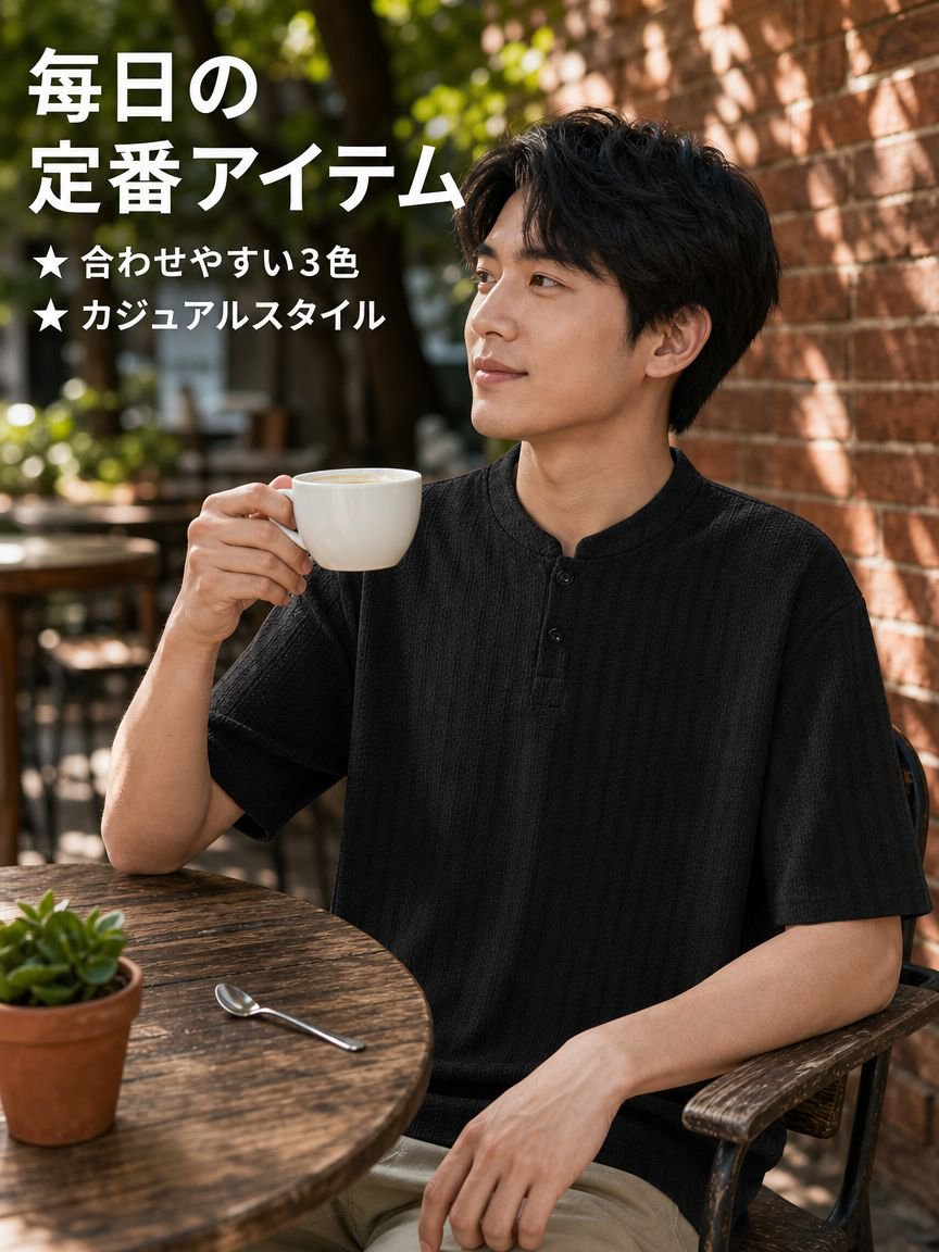 夏用メンズゆったりフィット魚骨柄ヘンリーネック半袖Tシャツ