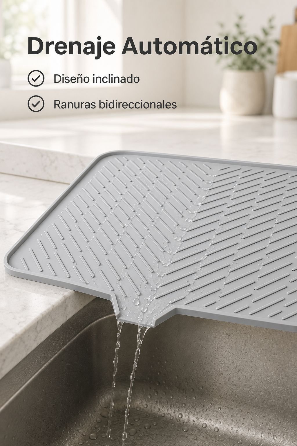 Secado eficiente de platos grandes con alfombrilla de drenaje