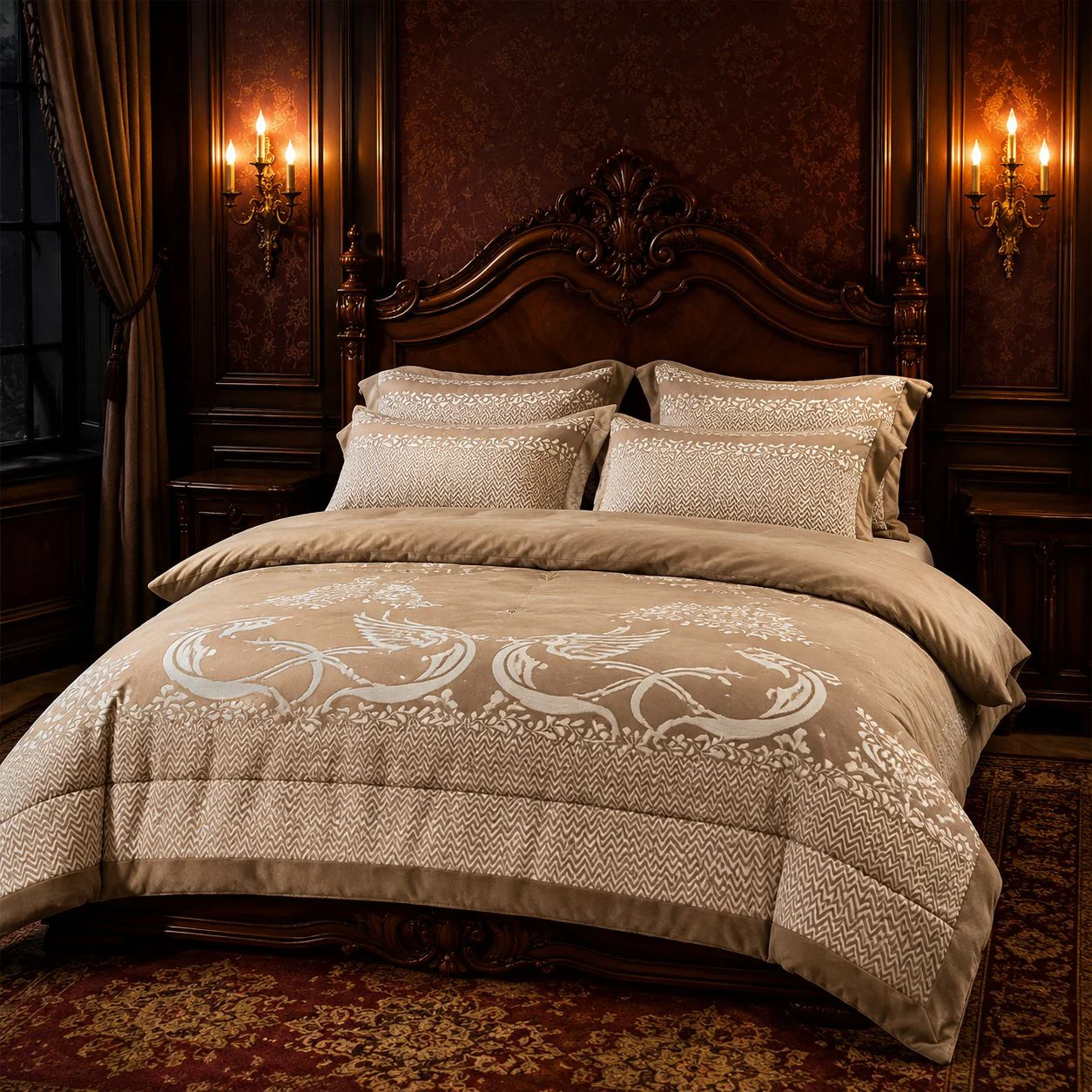 Juego de cama de 4 piezas de terciopelo con diseño de cisne