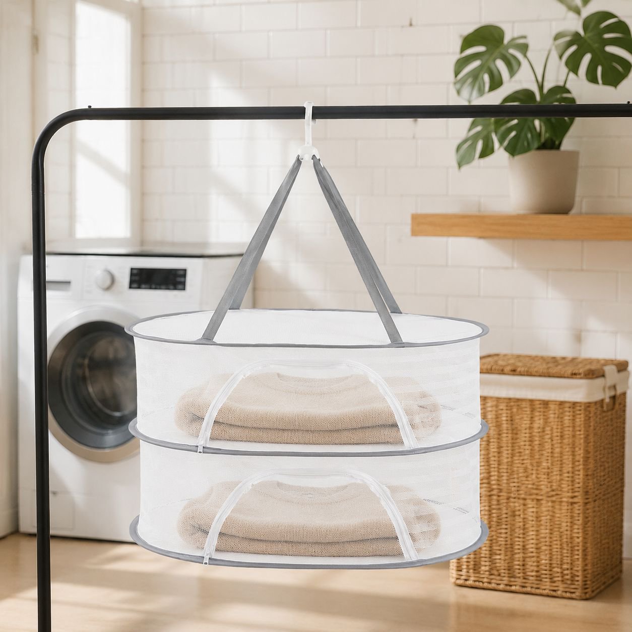 Windproof drying basket with zipper hung on a clothesline