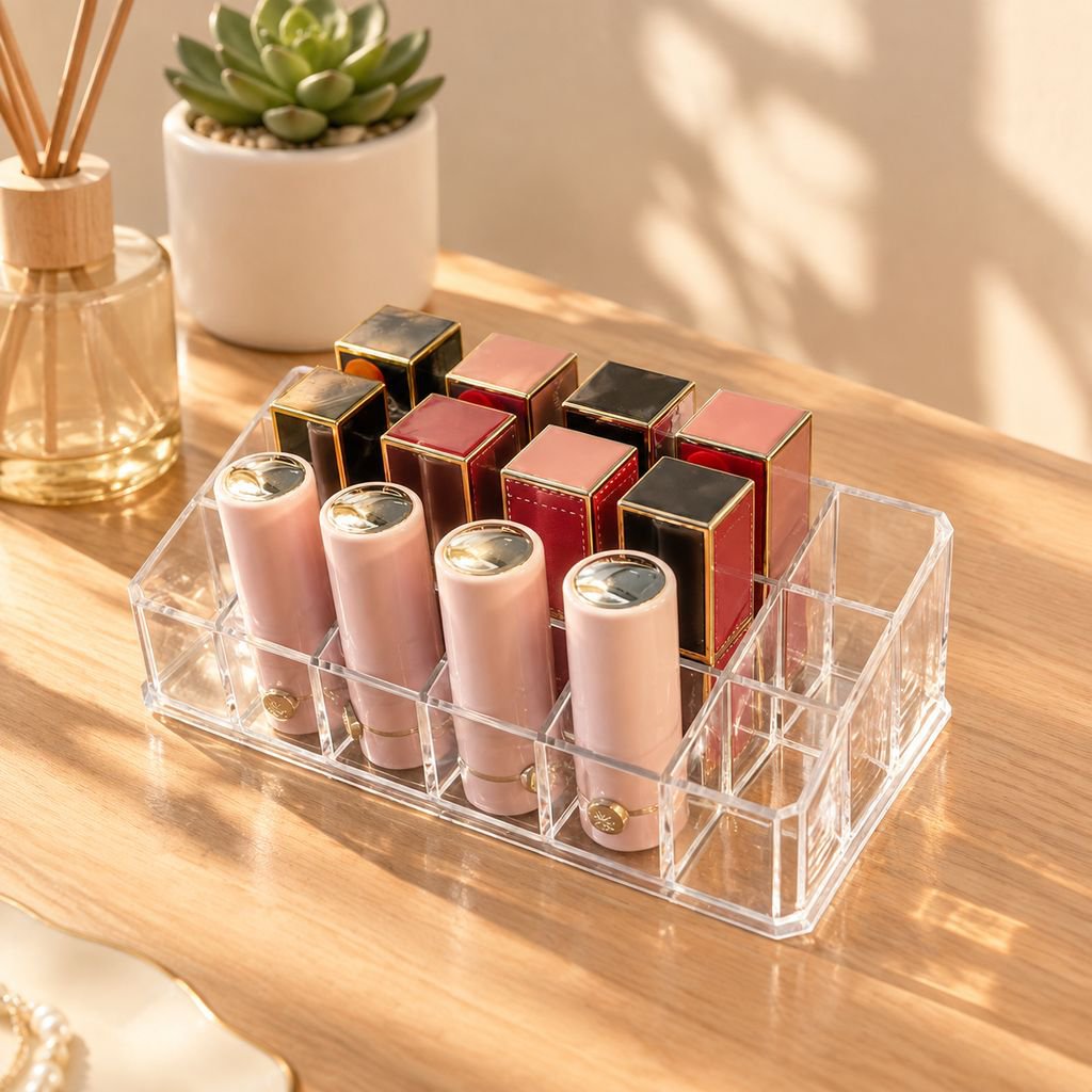 Organizador de labiales transparente con múltiples compartimentos