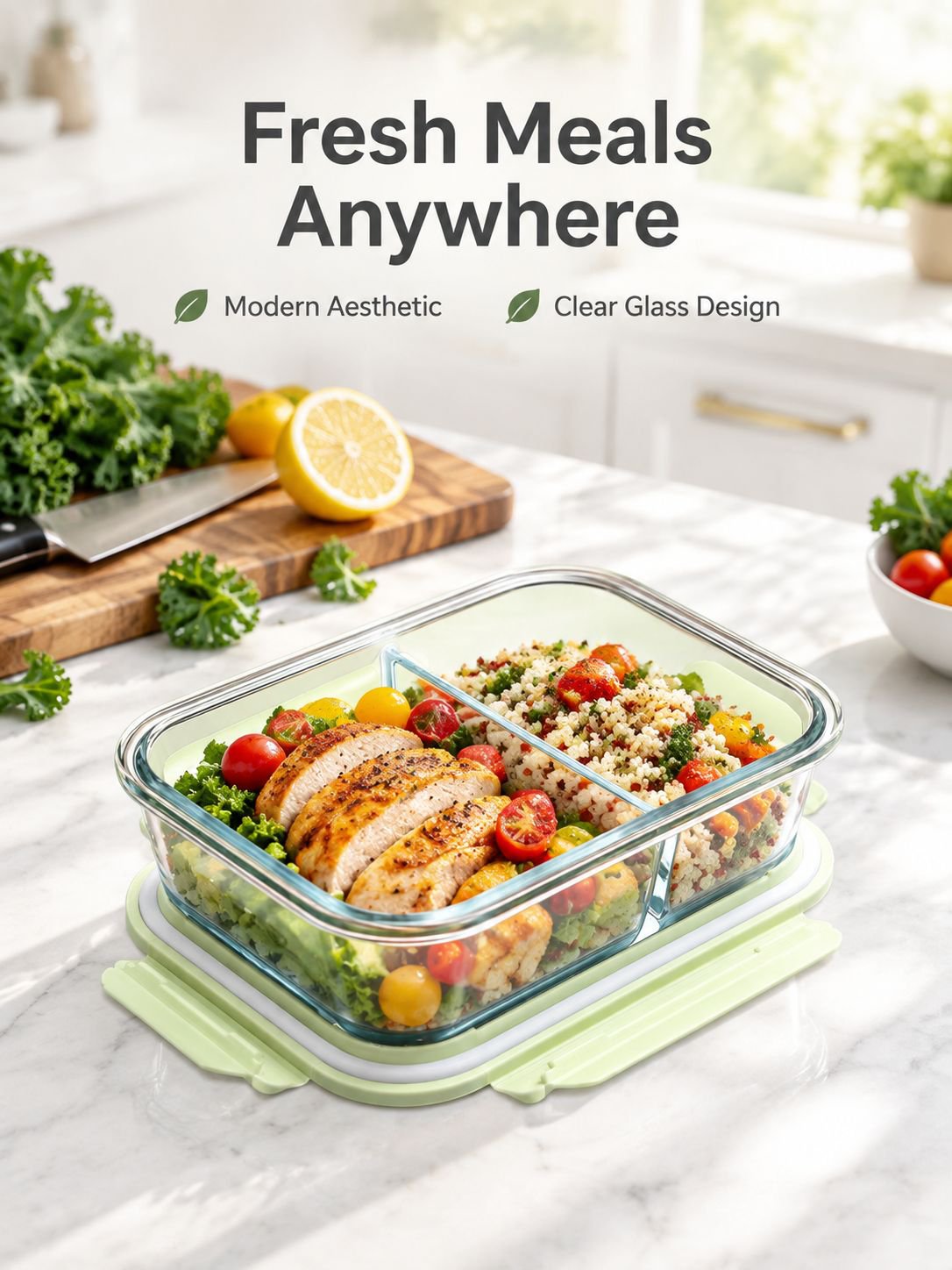 Microwave safe glass bento lunch box with divided compartments and lid