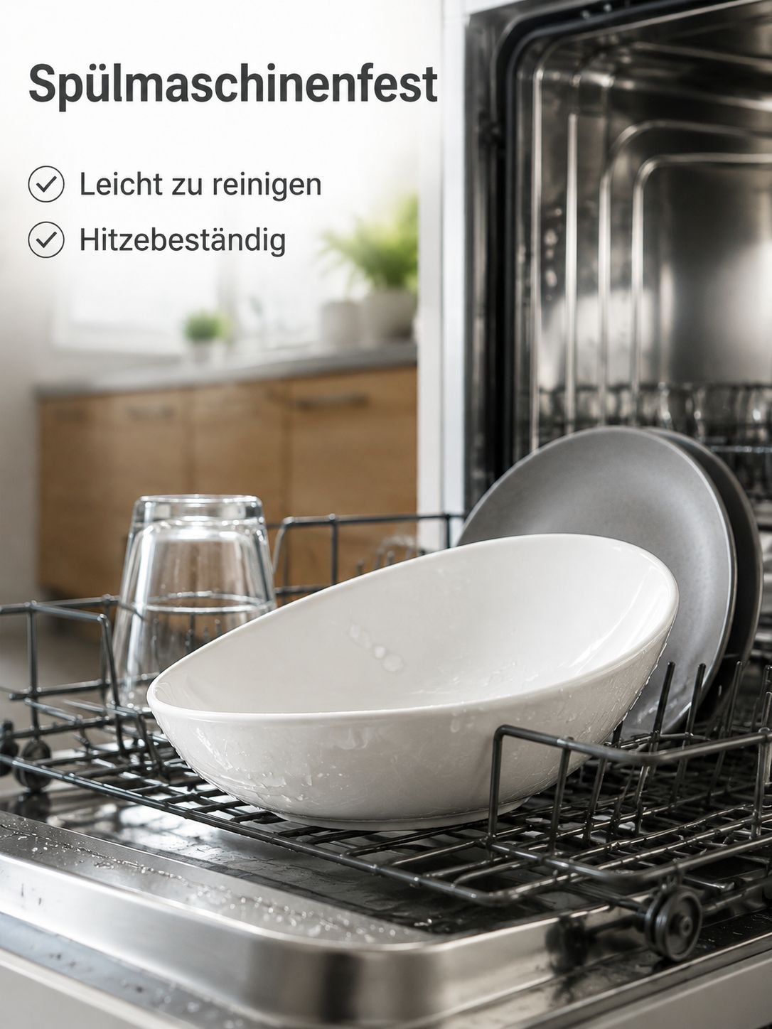 Schräge Schale aus reinweißer Keramik.