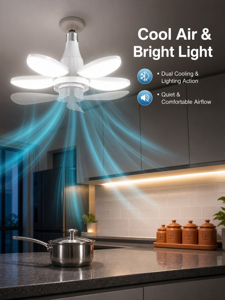 Folding lighting fixtures with fans