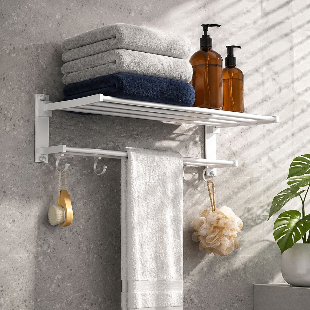 Sleek white towel shelf with sturdy construction