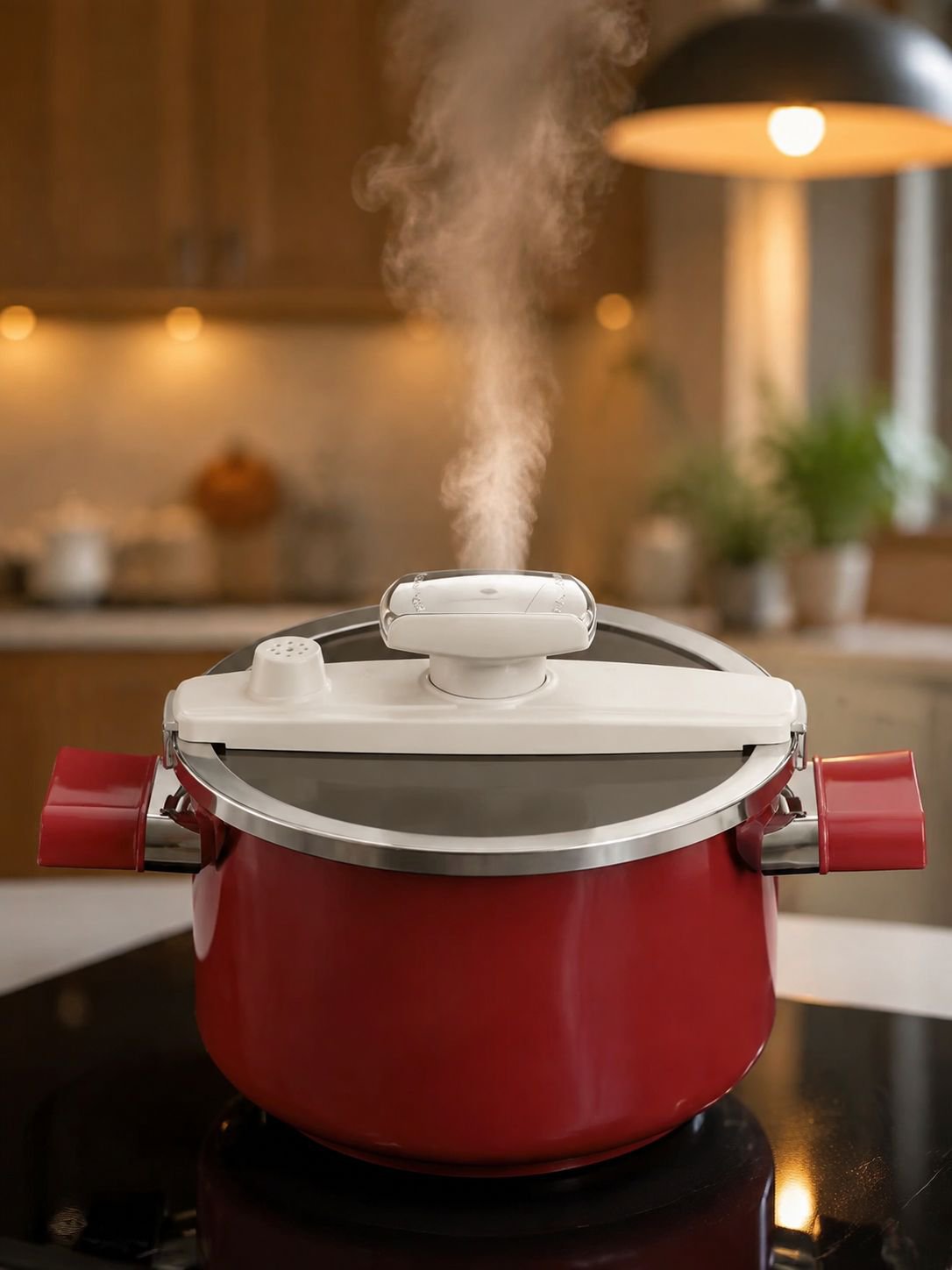 Titanium enamel micro pressure cooker on a kitchen counter