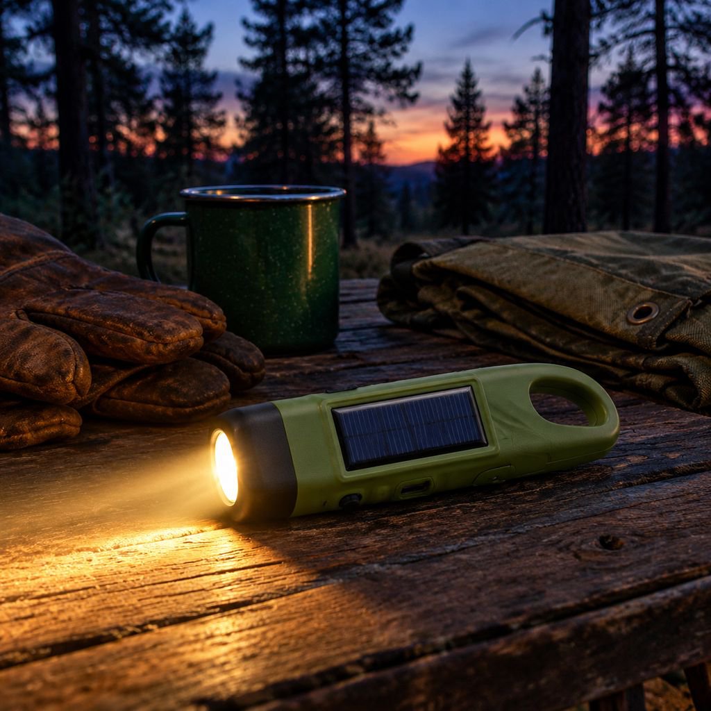 All-in-One Outdoor Emergency Flashlight, Solar Rechargeable Hand Crank Light