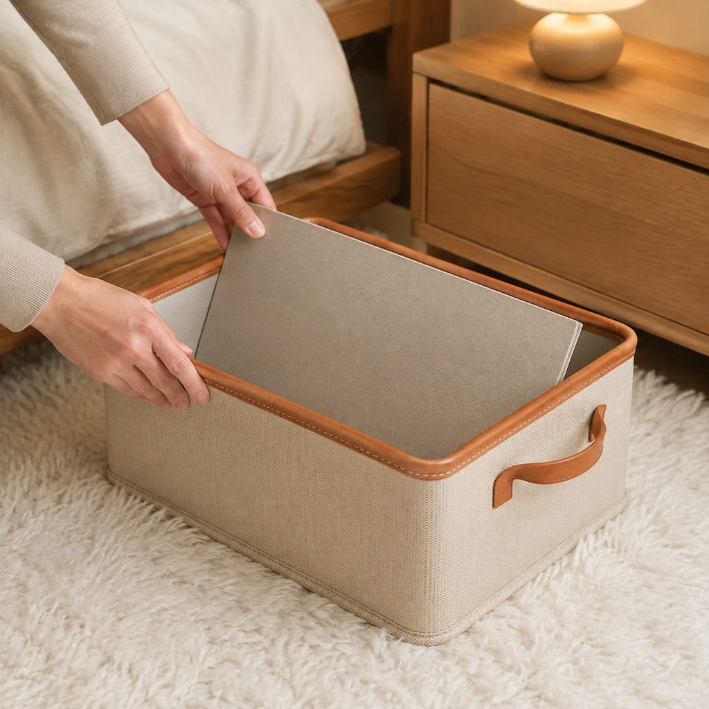 Durable fabric garment organizer bin with handles
