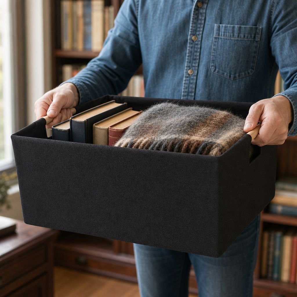Durable handles on fabric storage bin for easy carrying