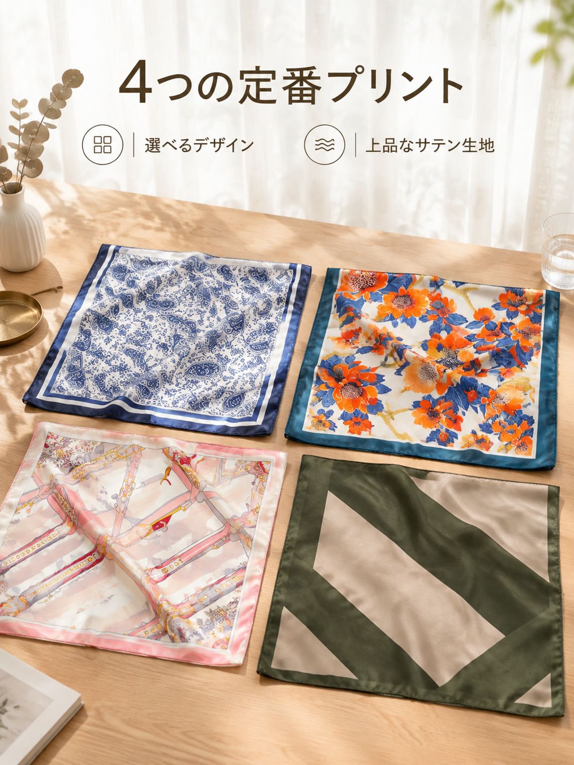 プリントのヘッドバンドとシルクスカーフ