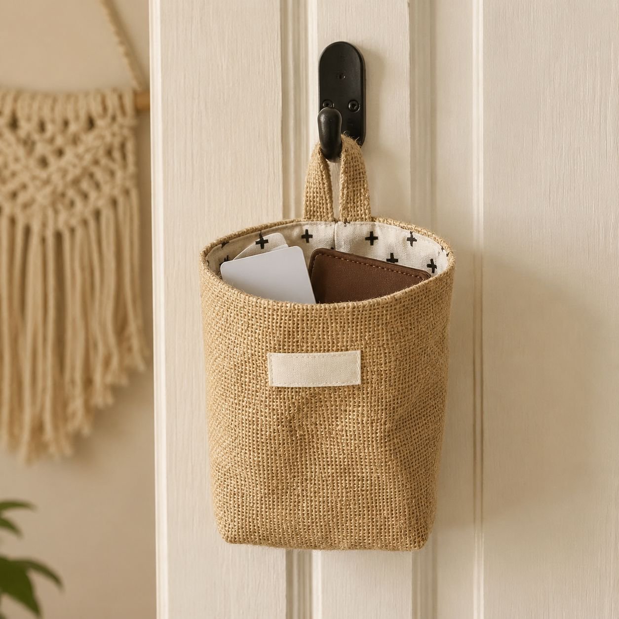 Close-up of jute fabric and stitching on wall organizer