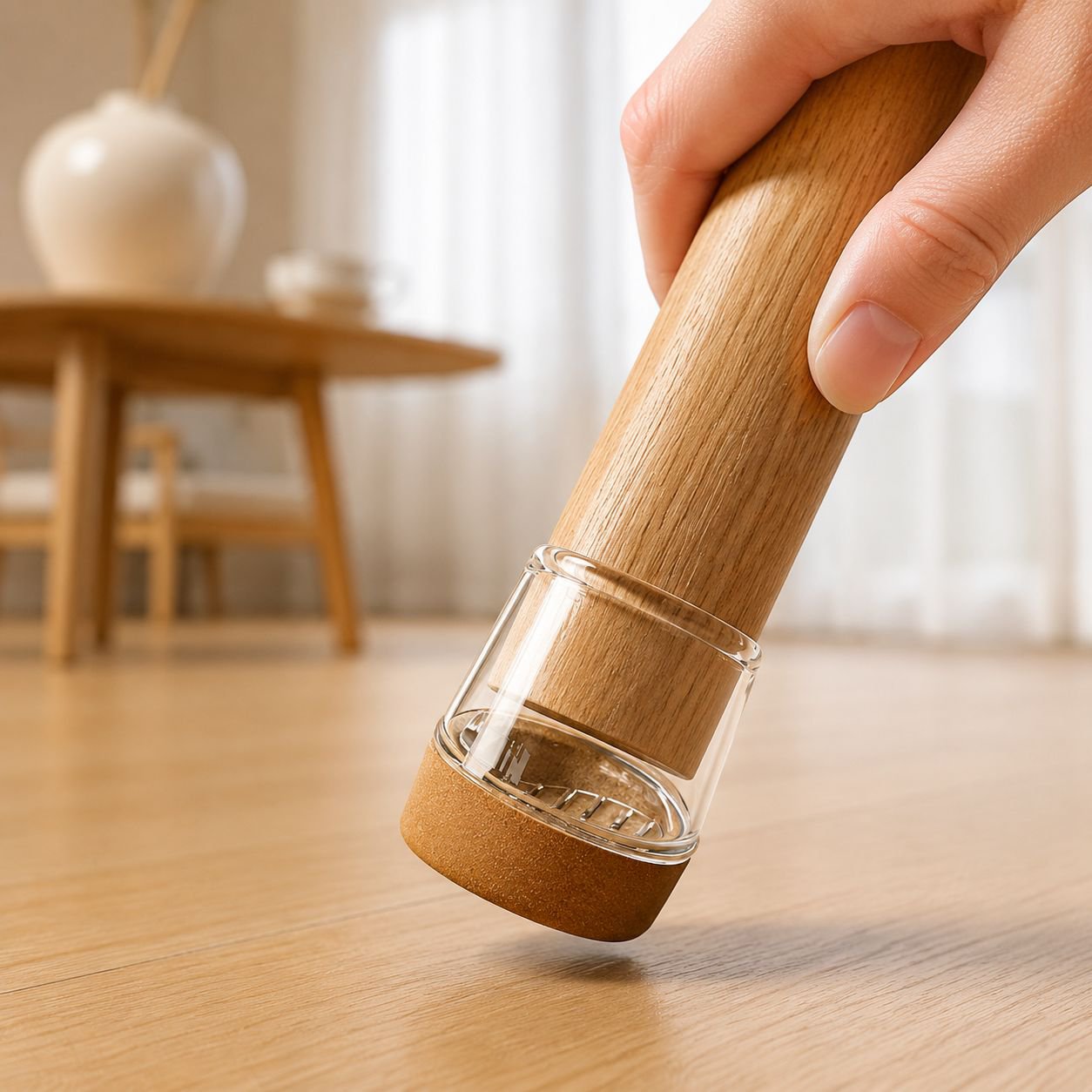 Close-up view of silicone chair leg covers for angled legs