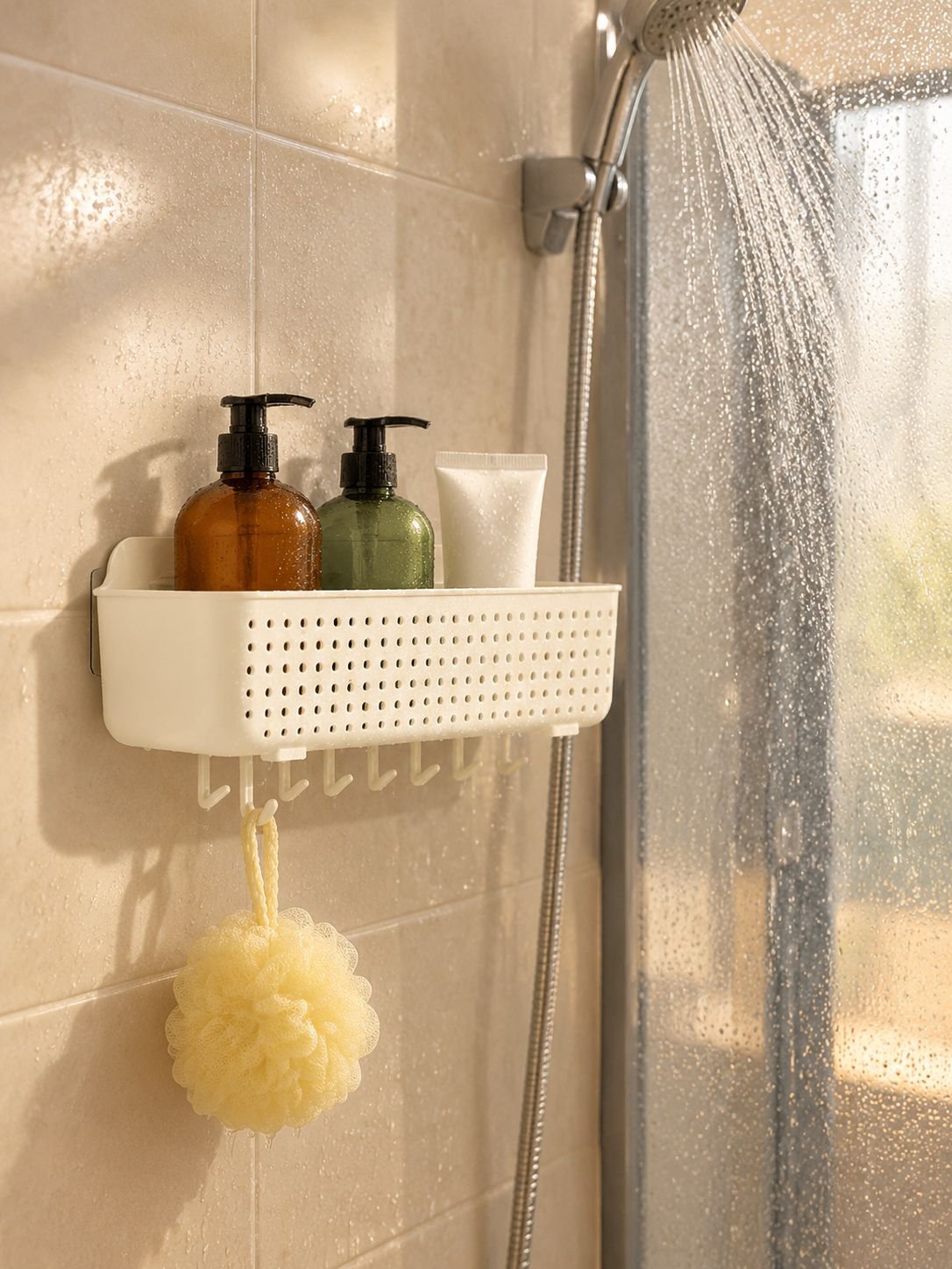 Organizador de baño autoadhesivo instalado en pared de azulejo
