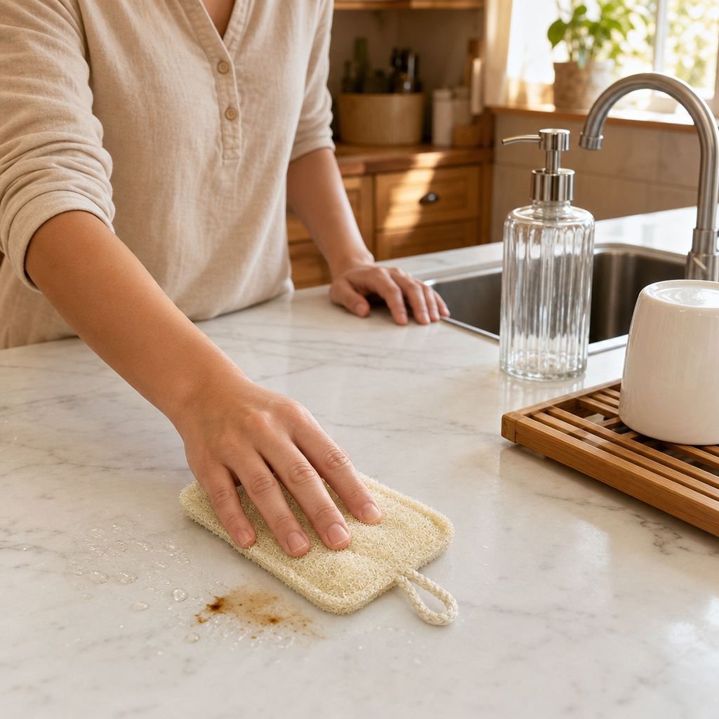 Hand holding a wood pulp cotton scrubbing sponge in kitchen